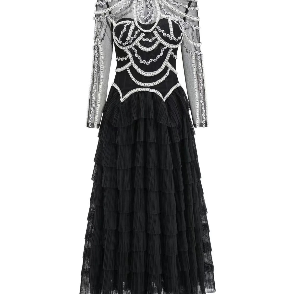 Elegant Red Carpet Evening Party Dress Women Long Sleeve Sexy Shinning Crystal Pearl Beading Ball Gown Long Dress 2024 New Style