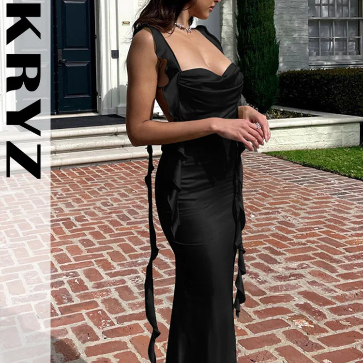 Ladies Summer Ruffle Y2K Clothes Sleeveless Backless Bandage Bodycon Maxi Dresses For Women Fashion Birthday Party Club Wear