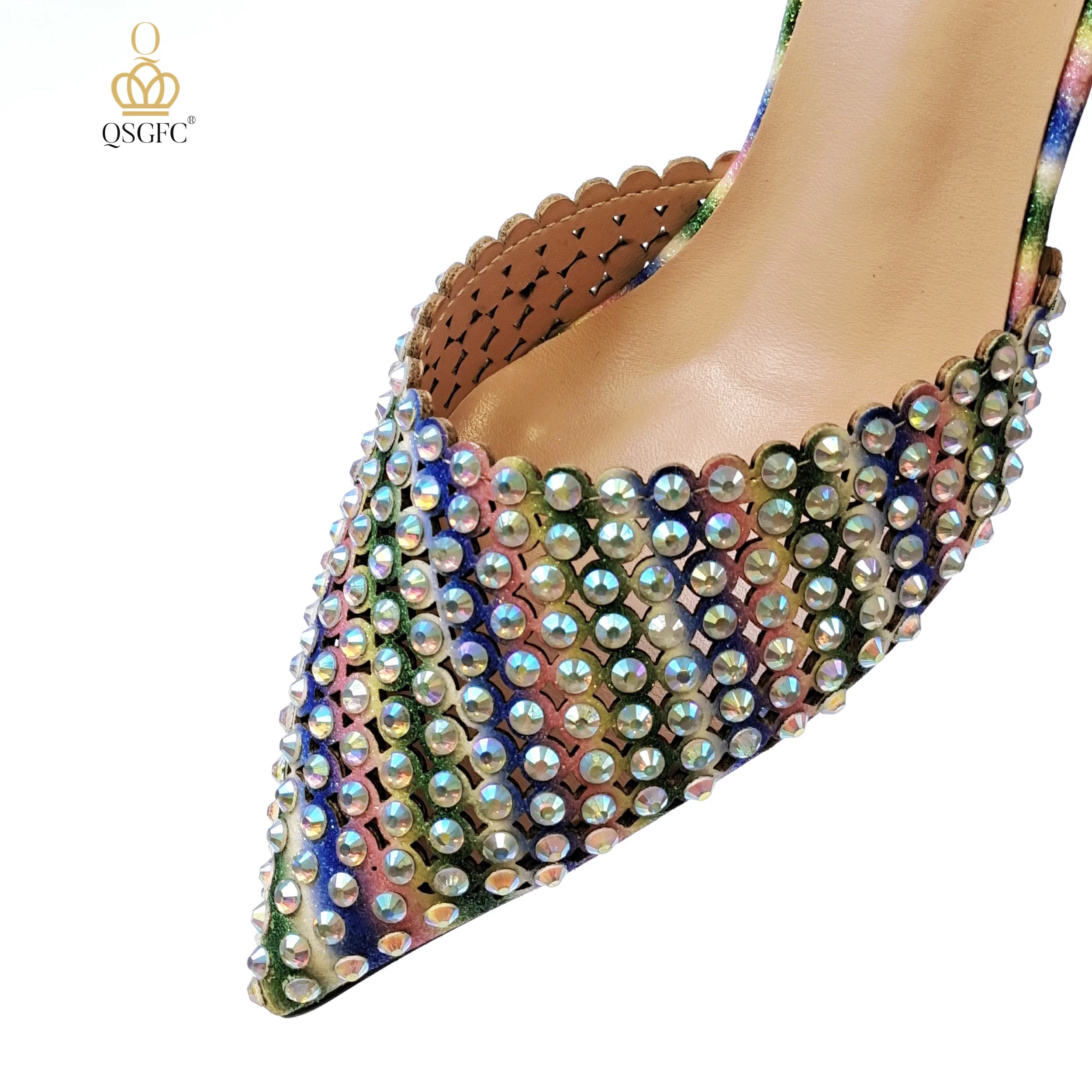 Italian Design Women Hollowed Out Embroidery Colorful Rhinestones Rainbow Color Women's Shoes and Party Wedding Bags Set