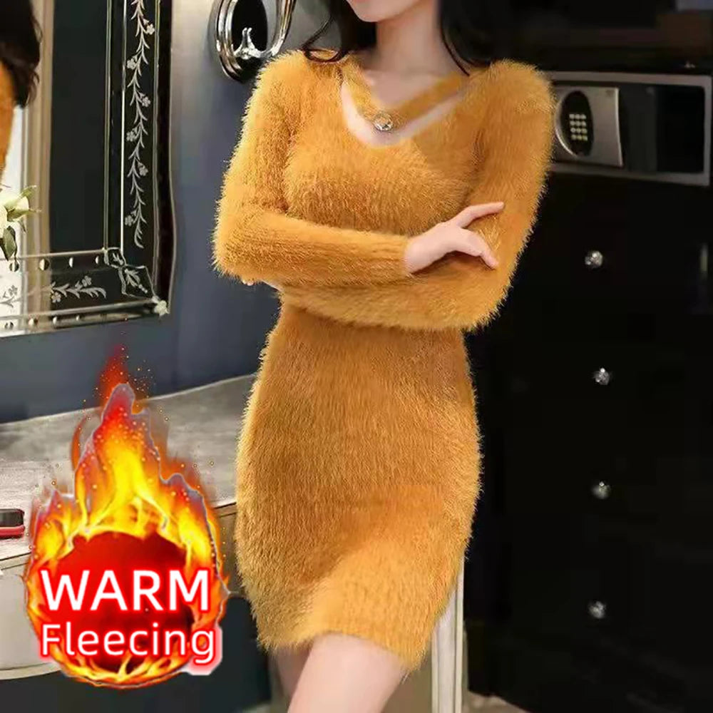 Winter Imitate Mink Wool Hot Fleecing Female Casual Sweater O-neck Long Puff Pink Solid Women Knitted Tops Elastic Pullovers Thick-Yellow One Size