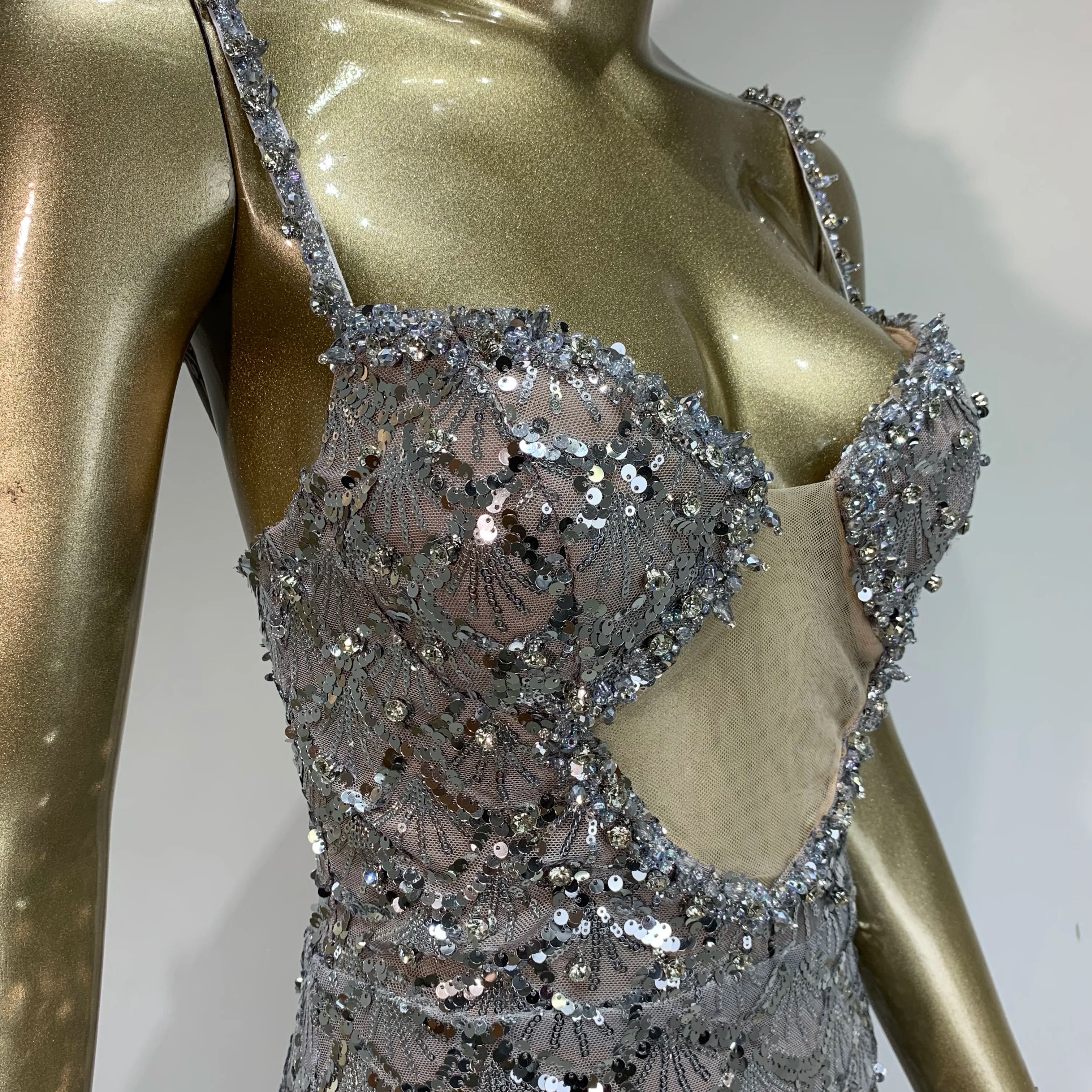 Women Sexy V Neck Backless Sequins Mesh Sparkly Silver Maxi Long Dress 2024 Elegant Party Evening Outfit Vestido