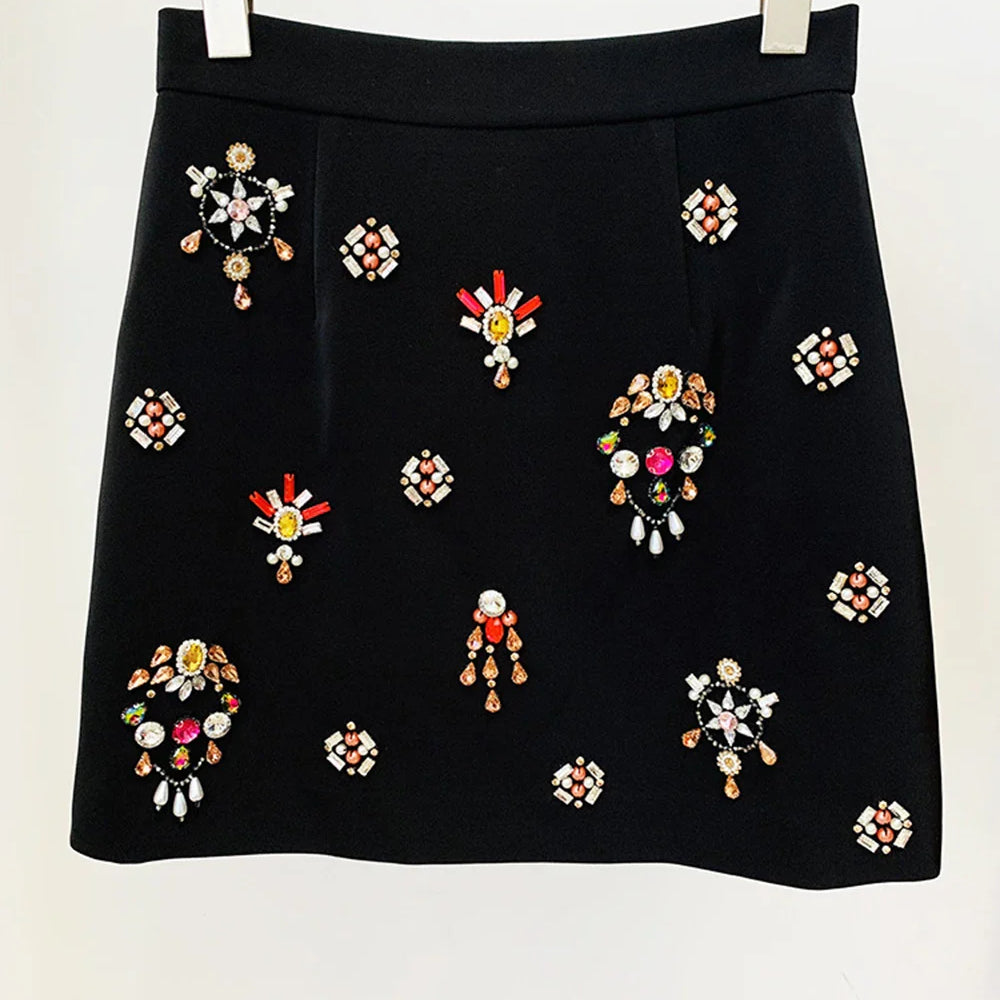 Ailigou 2023 New Autumn Women's High Quality Fashion Sexy Luxury Colorful Diamond Bead Short Top+Dress Black Two Piece Set