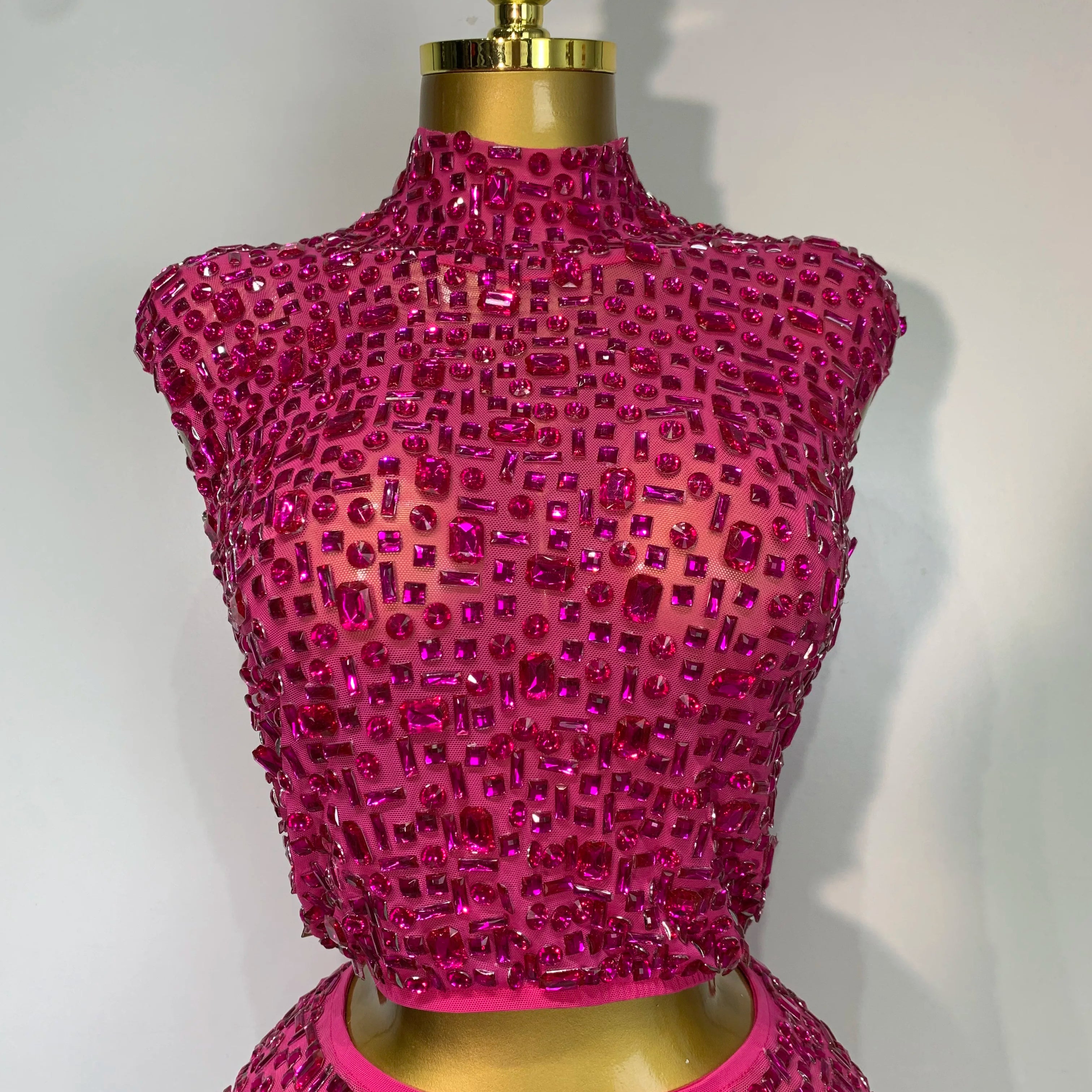 Sexy Sparkly Crystal Diamonds Mesh See Through Two Piece Set Women Elegant Evening Party Costume Singer Stage Performance Outfit