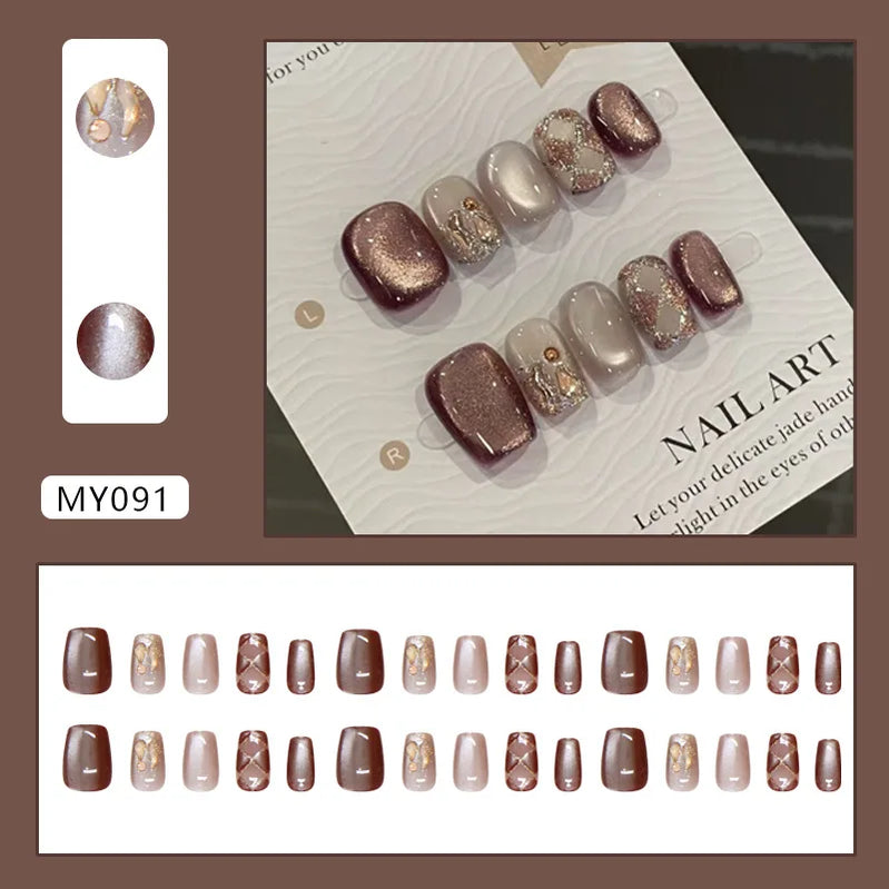24pcs Cat's Eye Diamond Grid Glitter Press on Nails Short Style Nails Full Cover Wearable False Nails
