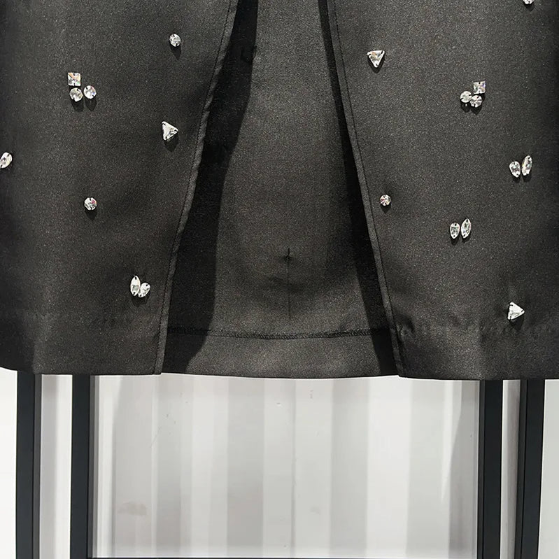 Women Classic Black Split Knitted Skirt Diamond Embellishment Slim Fit Mid Length Skirts Early Autumn