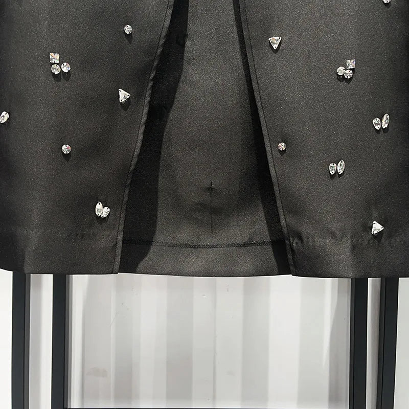 Women Classic Black Split Knitted Skirt Diamond Embellishment Slim Fit Mid Length Skirts Early Autumn