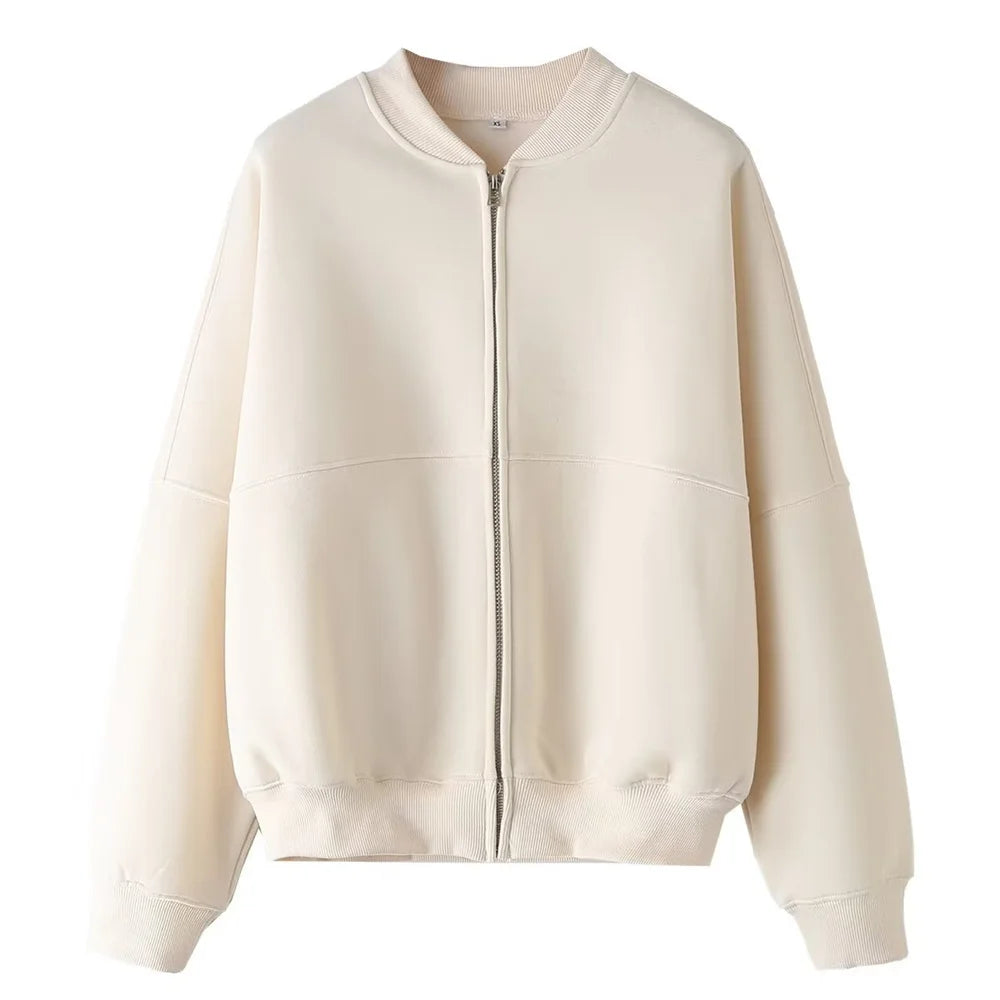 Autumn/Winter New Women's Zipper Pilot Jacket Outerwear Sweater Loose High Waist Fleece Pants Fashion Set Beige