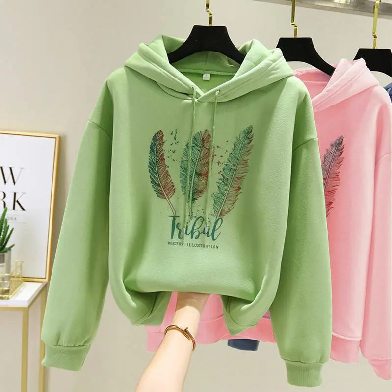Women Fashion Feather Printed Hoodies Autumn Winter Plus Velvet Casual Loose Sweatshirt GREEN