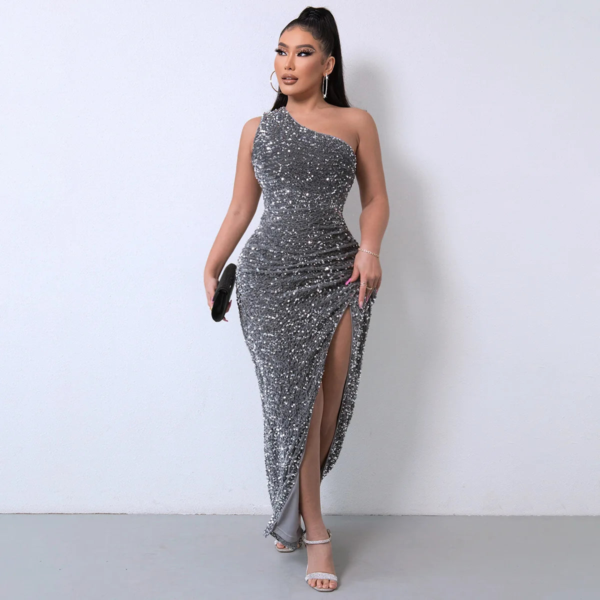 Party Dresses For Women Sexy Sequin Night Robe One Shoulder Sleeveless Bodycon Evening Maxi Dress Clothing Dark Gray