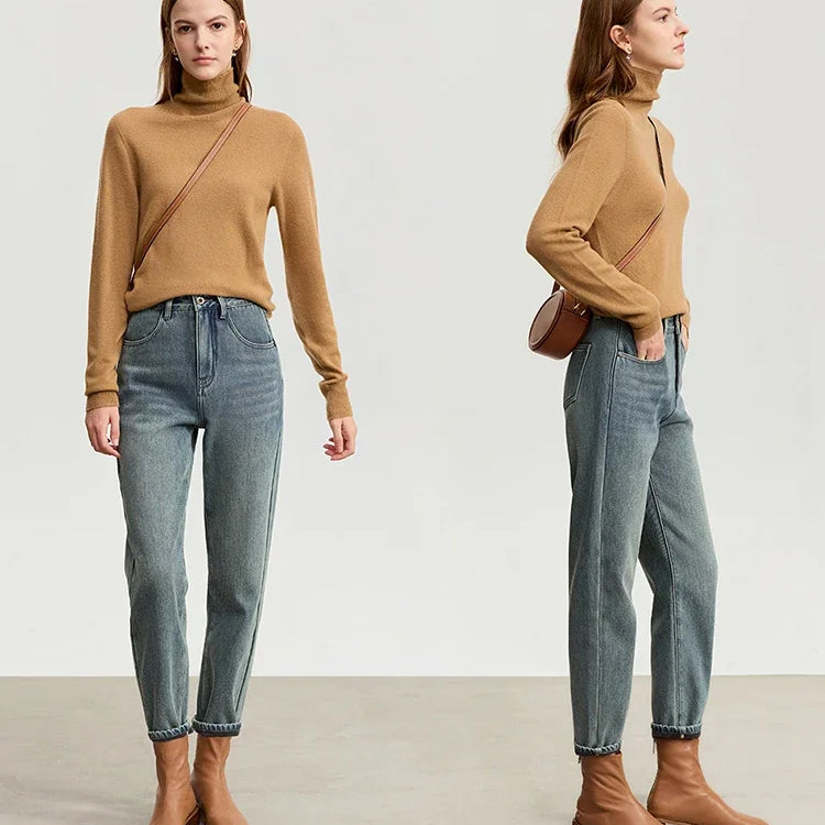 Minimalist Jeans For Women Winter Casual Pants Plus Fleece Thick Denim Ankle-length Narrow Foot Trousers