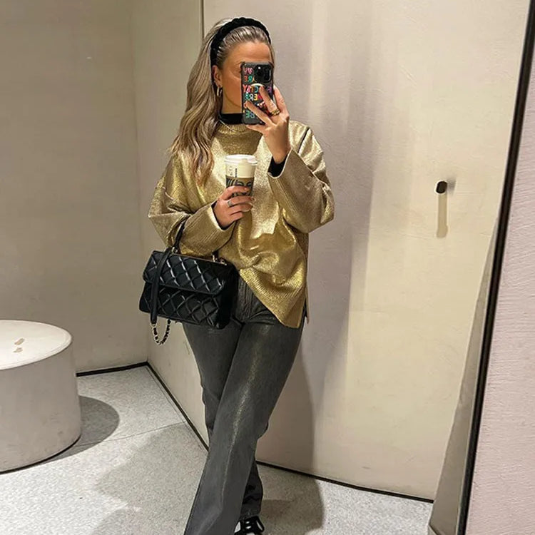Women Solid O Neck Pullover Top Elegant Loose Long Sleeve Gold Sweatshirt Autumn Female Fashion Casual Shinny Outerwear
