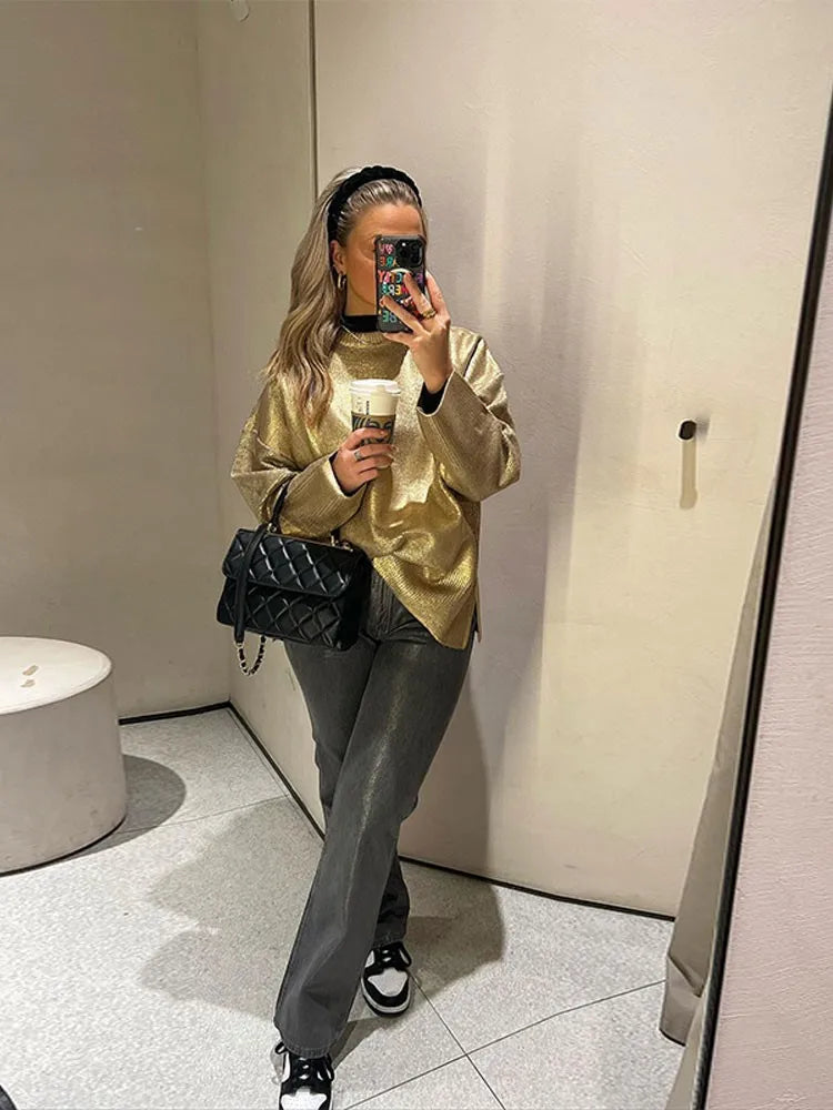 Women Solid O Neck Pullover Top Elegant Loose Long Sleeve Gold Sweatshirt Autumn Female Fashion Casual Shinny Outerwear