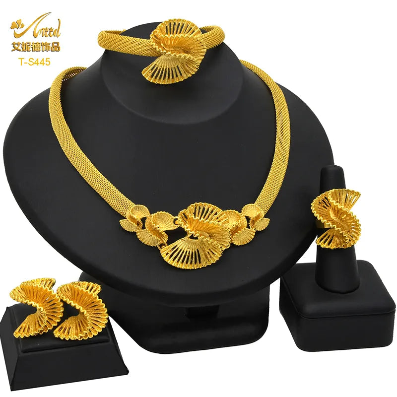 Indian Big Plated Gold Jewelry Women Necklace Sets Dubai African Party Bridal Wedding Gifts Arabic Necklace Jewelry Sets S-445