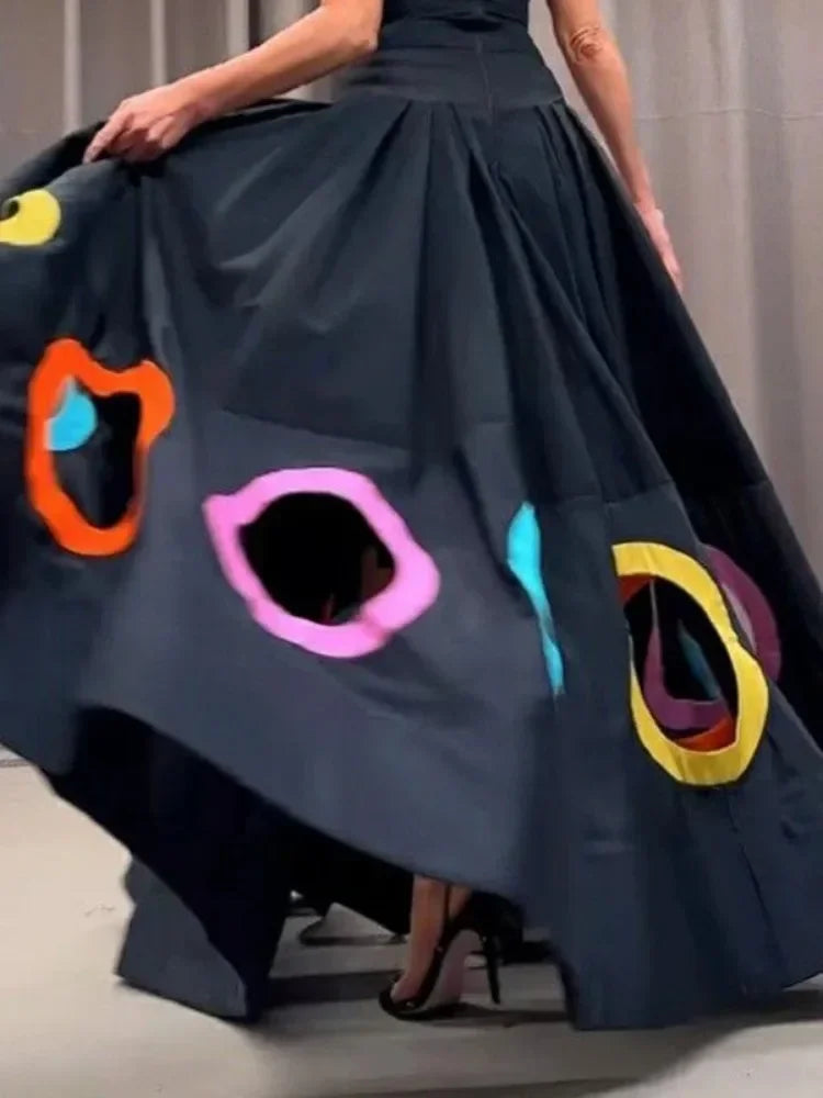 UOOZEE New Summer Women Elegant Party Evening Maxi Dresses Fashion Rainbow Printed Hollow High Waist A-line Long Dress