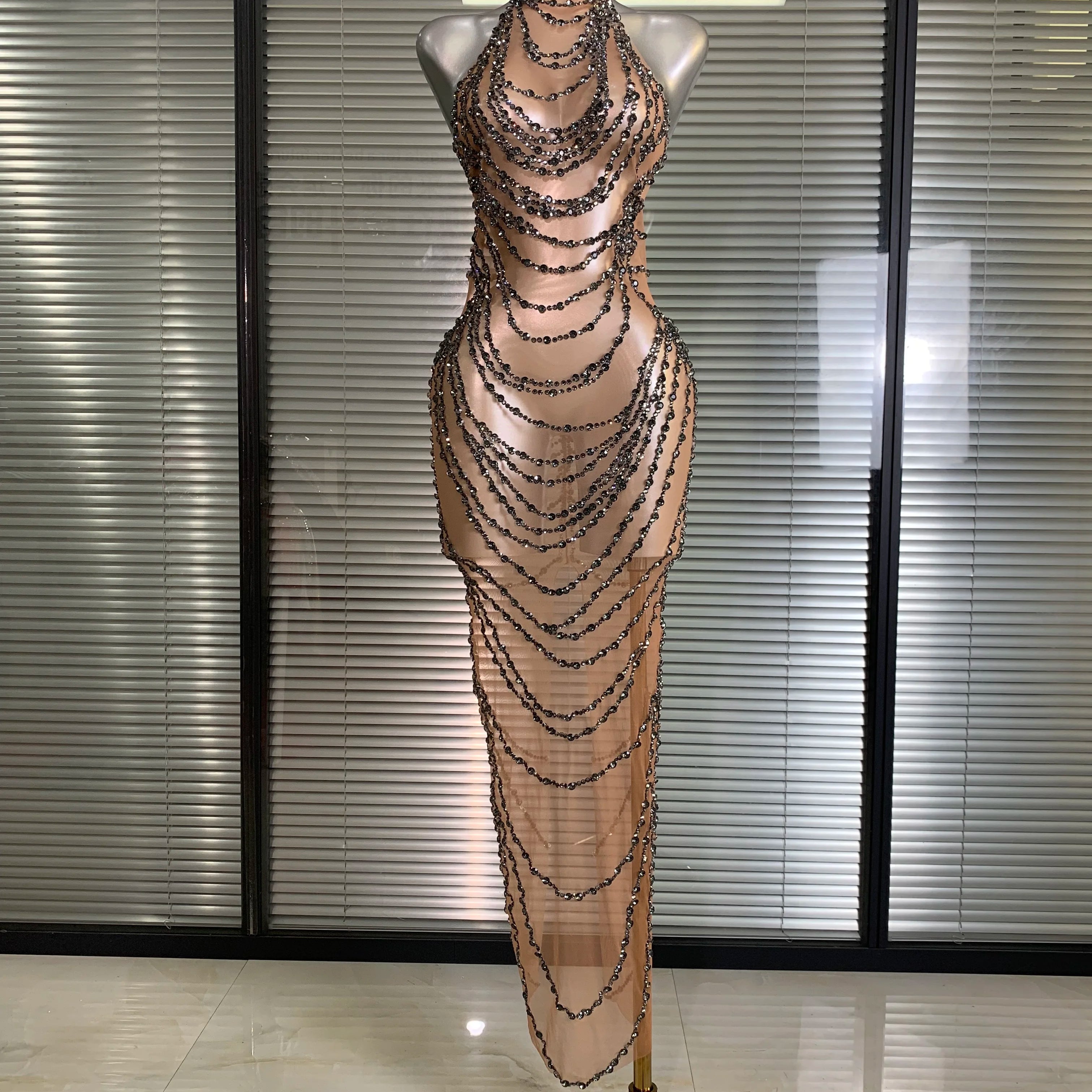 New Women Sexy Mesh Crystal Diamonds Shinning Long Maxi Dress See Through Gold Silver Party Costume Stage Performance Dress
