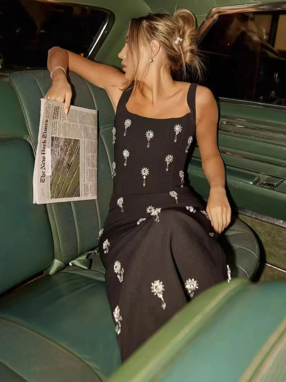 2025 Elegant Women Light Luxury Nail Bead Bandage Dress Camisole Square Neck Sleeveless Bodycon Long Dress Evening Party Vestido