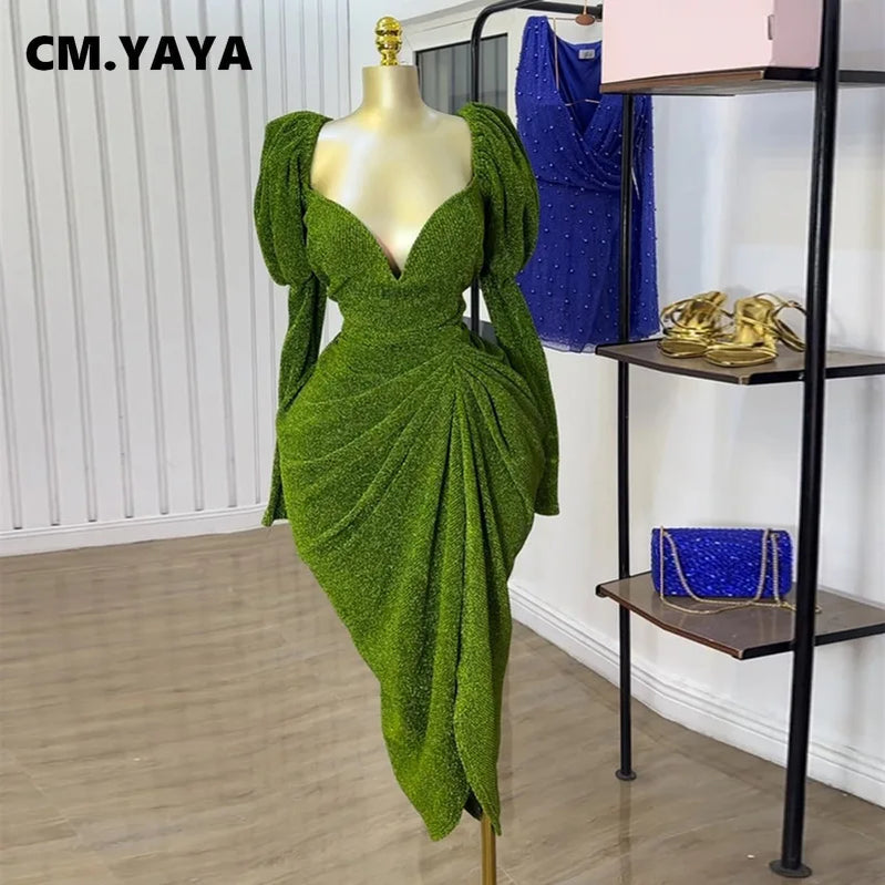 CM.YAYA Women Long Sleeve Strapless Ruched Mini Midi Dress 2025 Summer Evening Vacation Birthday Party Vestidos Sexy Dresses