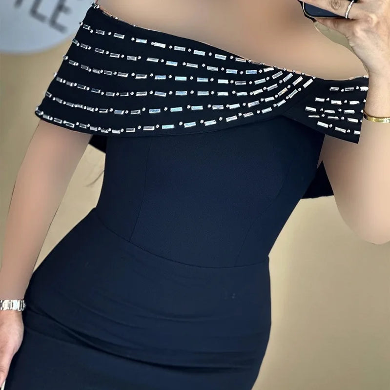Black Women Sexy Slash Meck Off the Shoulder Shinning Crystal Bodycon Long Bandage Dress Elegant Evening Party Dress