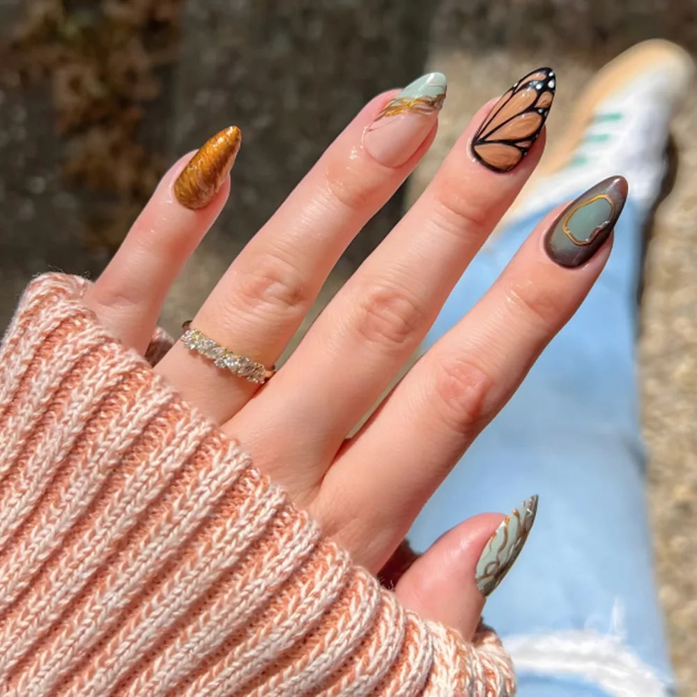 24Pcs Mid-length Blue Almond False Nails with 3D Shell Design Press on Nails Tips Butterfly Flower Pattern Datachable Fake Nail