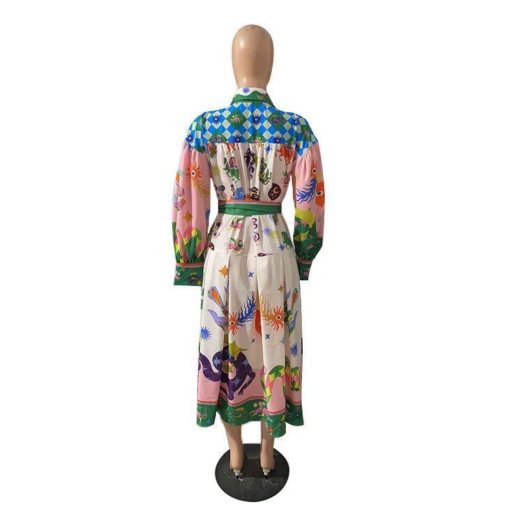 Polo Neck Printed Dress For Women Autumn New Retro French Palace Style Long Lantern Sleeve Loose Vintage Dresses Clothing