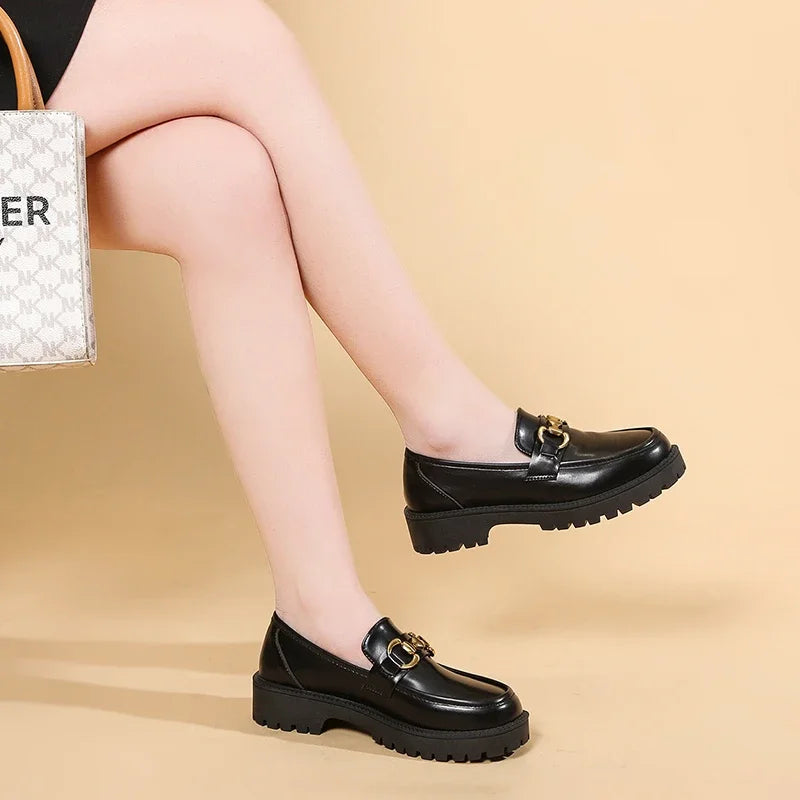 Women Loafers 2024 Spring Metal Button Black Platform Women's Shoes Fashion JK Lolita Soft Soled Student Office Leather Shoes