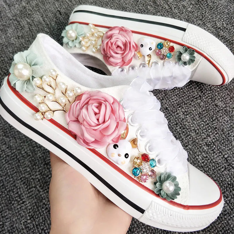 Korean Fantasy 7 Color DIY Flowers Vulcanized Shoes Pearl Hand-Made Designer Women's Rhinestone Platform Canvas Shoes White(Rabbit)