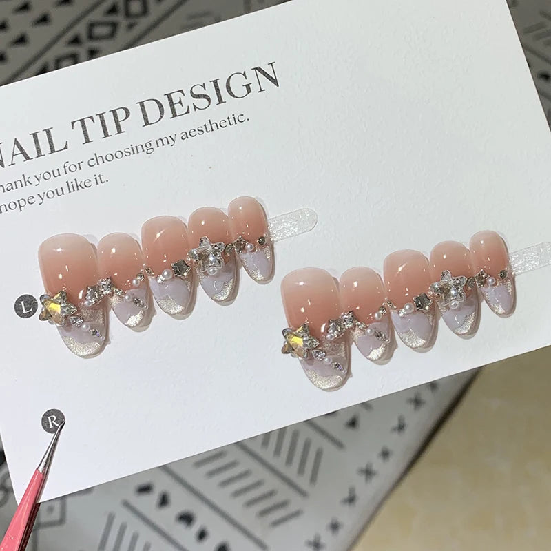 10Pcs Short Almond Handmade Press on Nails Cute Cat Eye 3D Red Bowtie Designs Finished Nail Polka Dot Lace Edge Oval False Nails