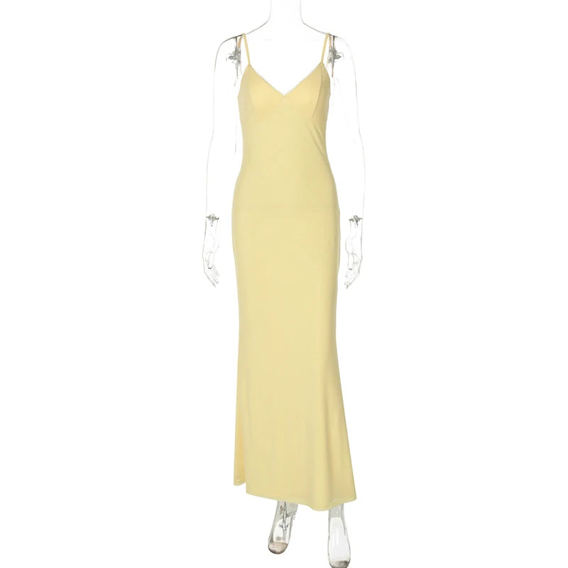 Spaghetti Strap Backless Sexy Maxi Dress For Women Gown Summer Yellow Sleeveless Bodycon Long Dress Vestido