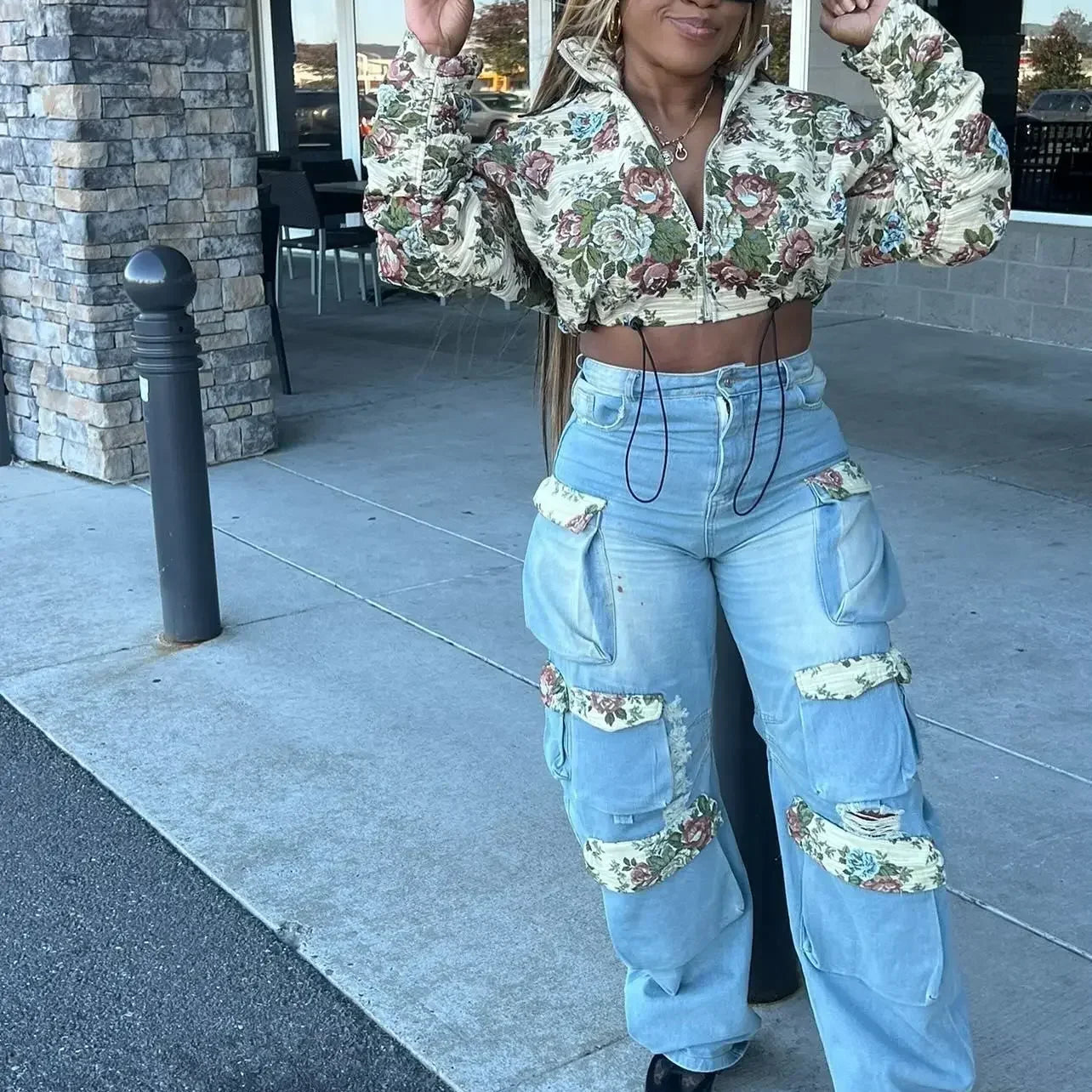 CM.YAYA Washed Denim Women's Set Full Sleeve Floral Jacket and Pockets Cargo Jeans Pants Suit 2024 Street Two 2 Piece Set Outfit