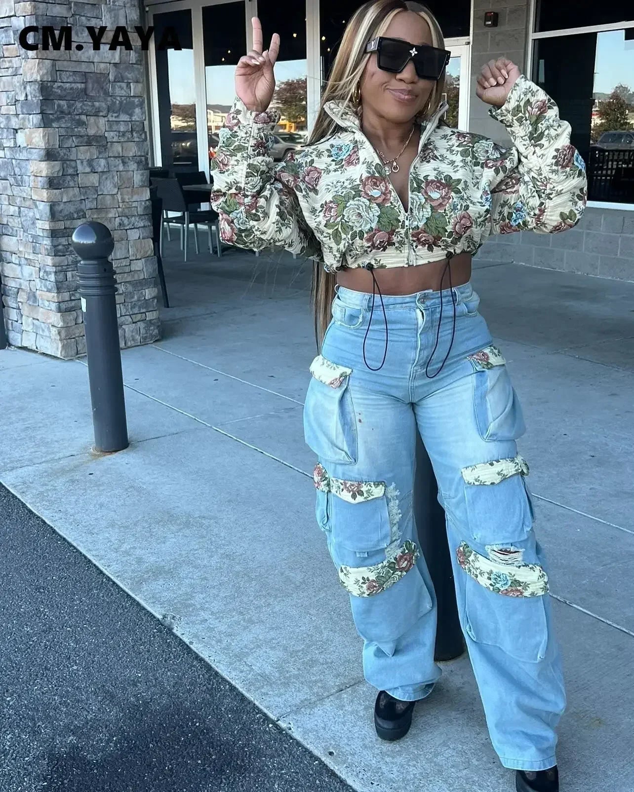 CM.YAYA Washed Denim Women's Set Full Sleeve Floral Jacket and Pockets Cargo Jeans Pants Suit 2024 Street Two 2 Piece Set Outfit