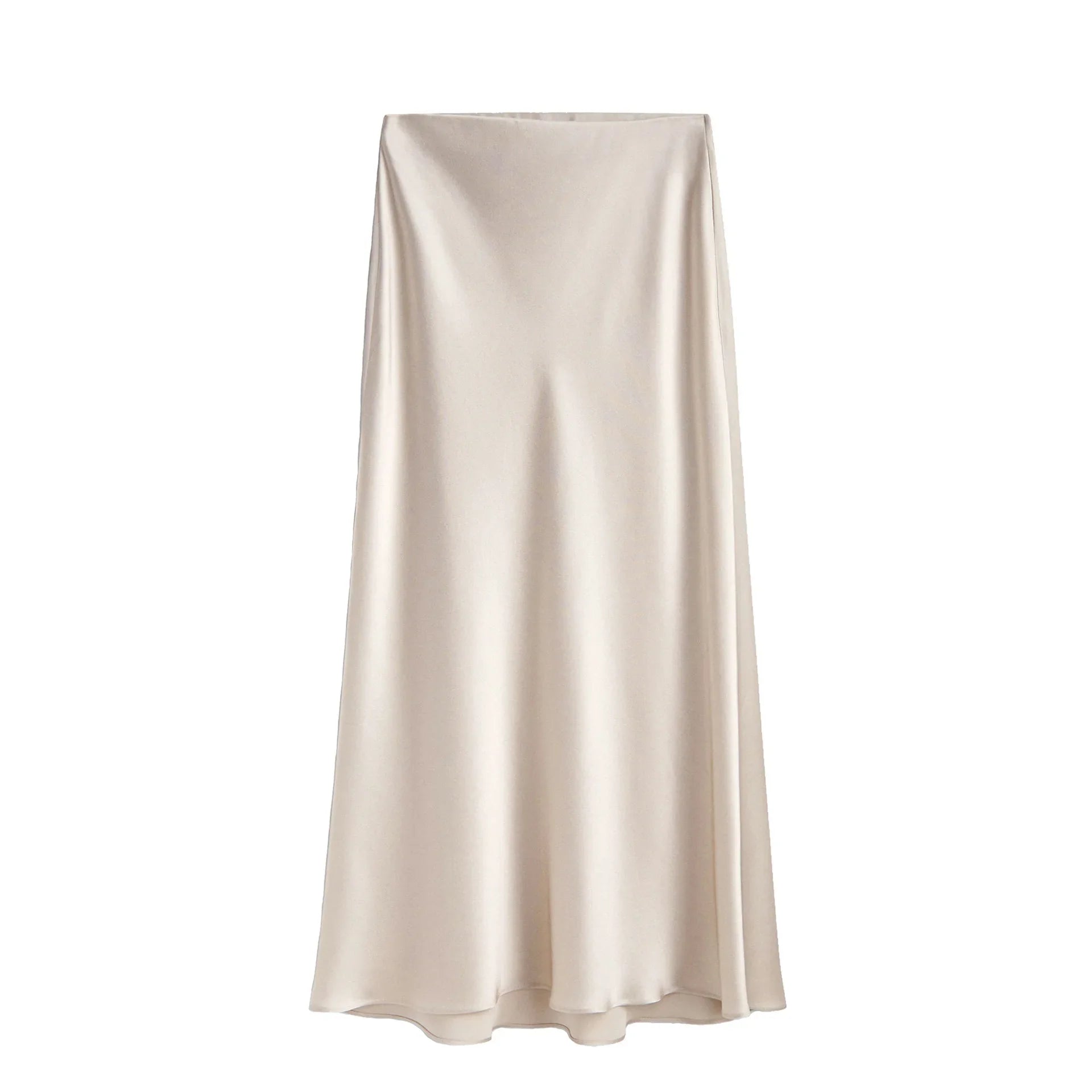 Silk Satin Skirts for Women Summer Casual Style A-line Solid Color Elastic High Waist Side Slit Champagne Skirt Beige