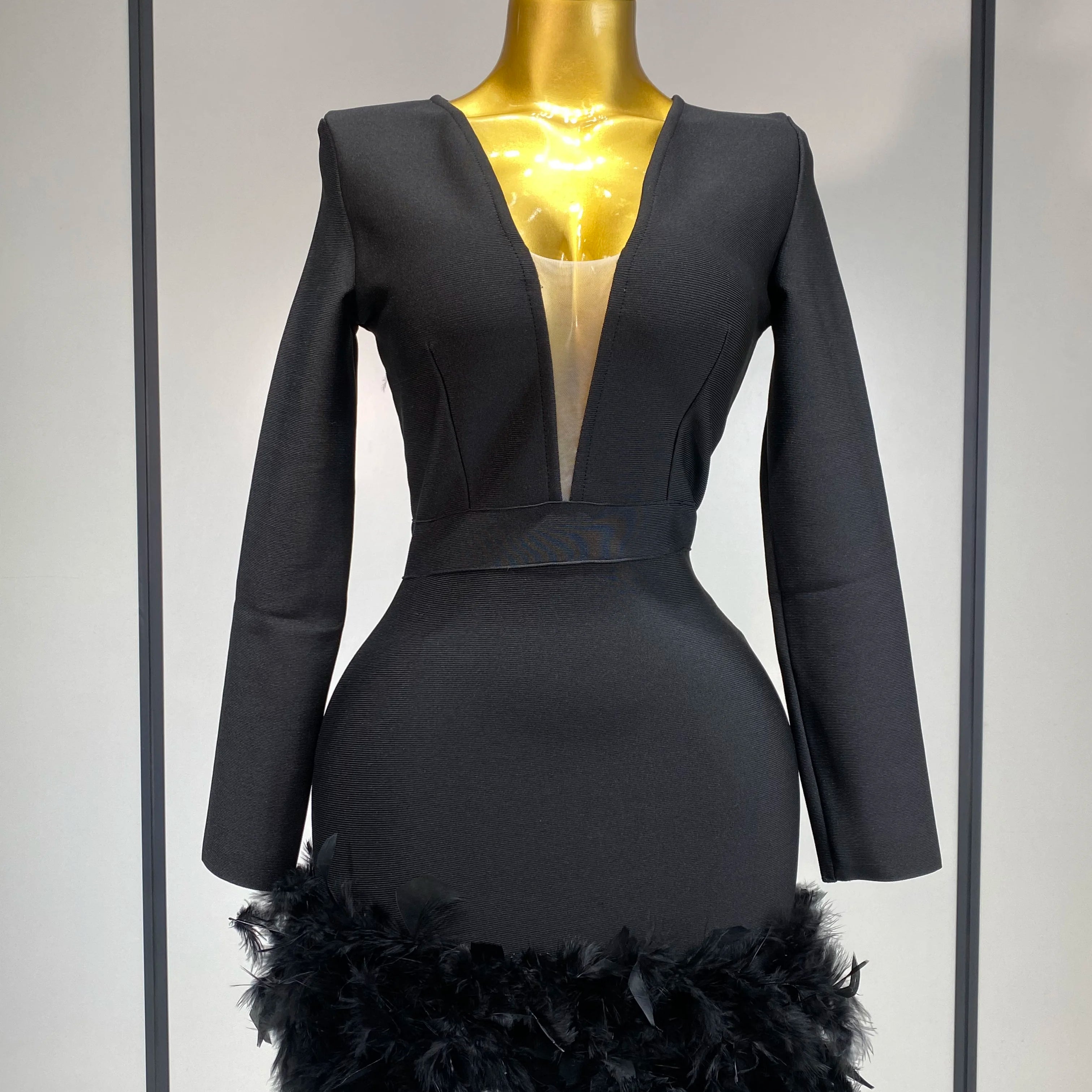 Women Fashion Sexy V Neck Long Sleeve Black Feather Mini Bodycon Bandage Dress Elegant Evening Club Birthday Party Dress