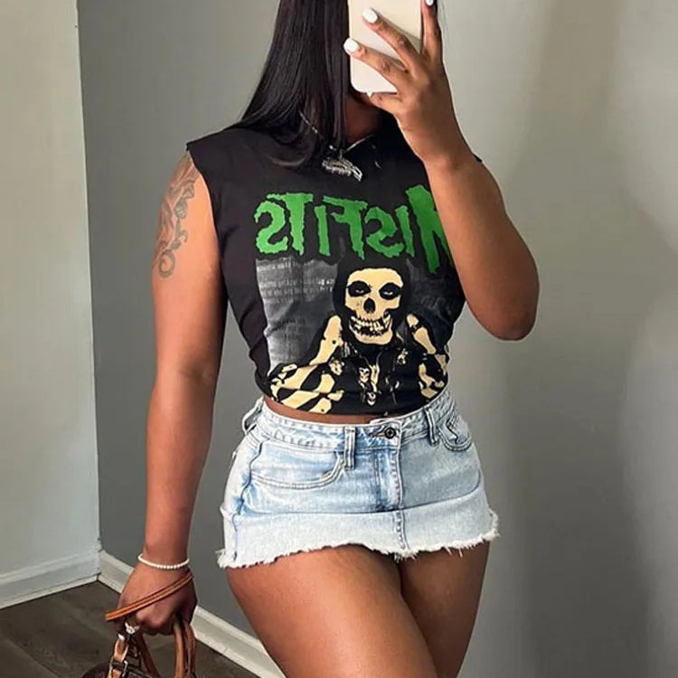 Bizarre Puss Halloween Style Femmes Crop Tops Crâne Lettre Imprimer O Cou Sans Manches Causal Basique Gilet Festival Fête Y2K Streetwear 