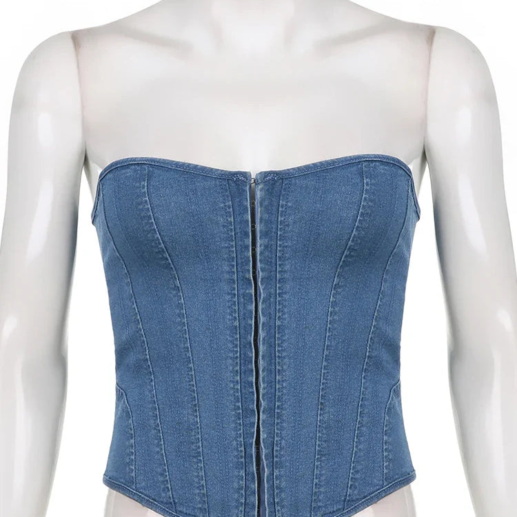 IAMHOTTY Strapless Denim Corset Women Backless Lace-up Sexy Bustier Night Clubwear Elegant Basic Tube Top Y2K Jean Cami Ladies