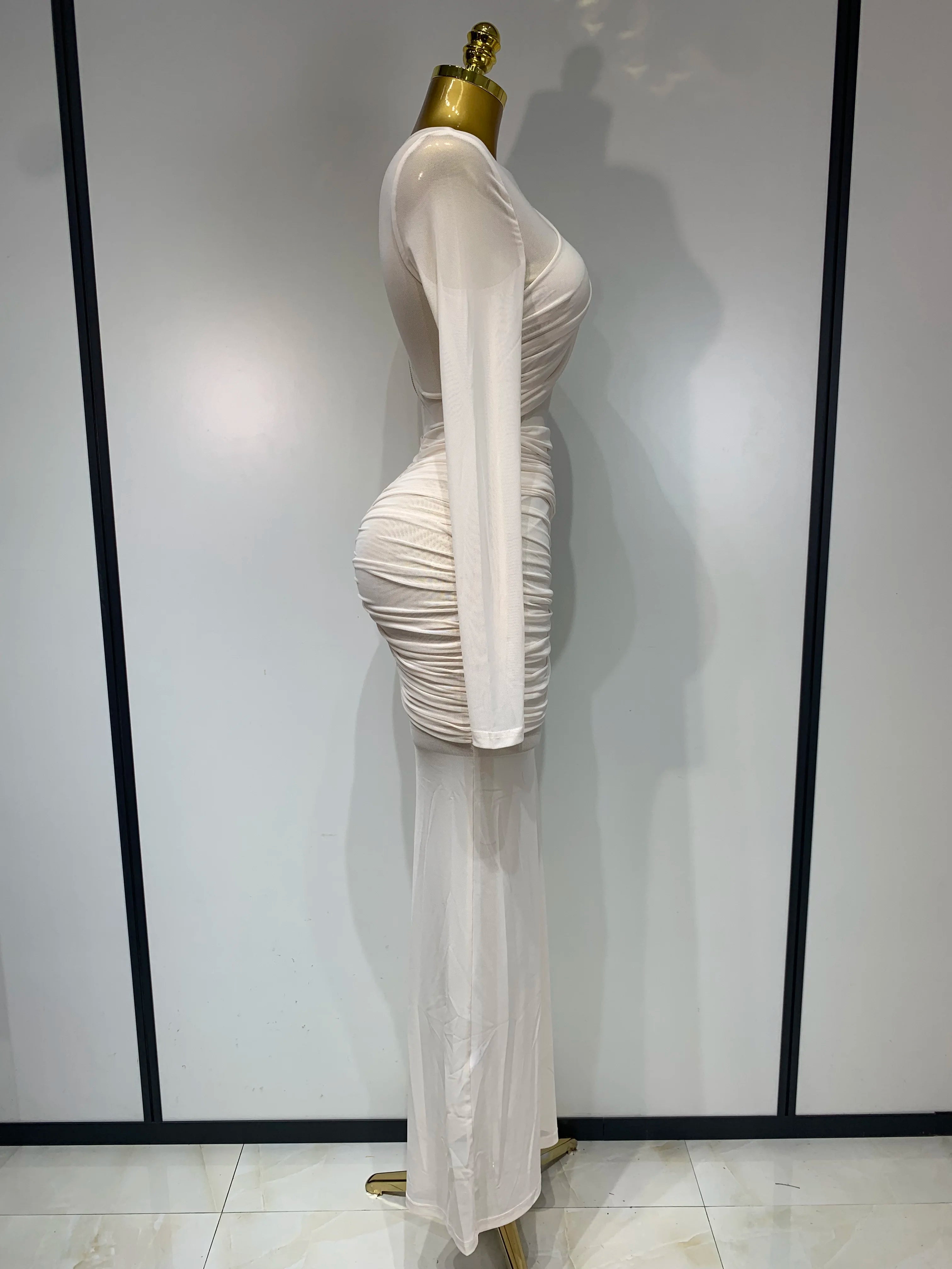 Elegant Mesh Fold Long Sleeve Bodycon Dress Women 2025 Evening Party Club Sexy Perspective Fashion Luxury Birthday Dresses