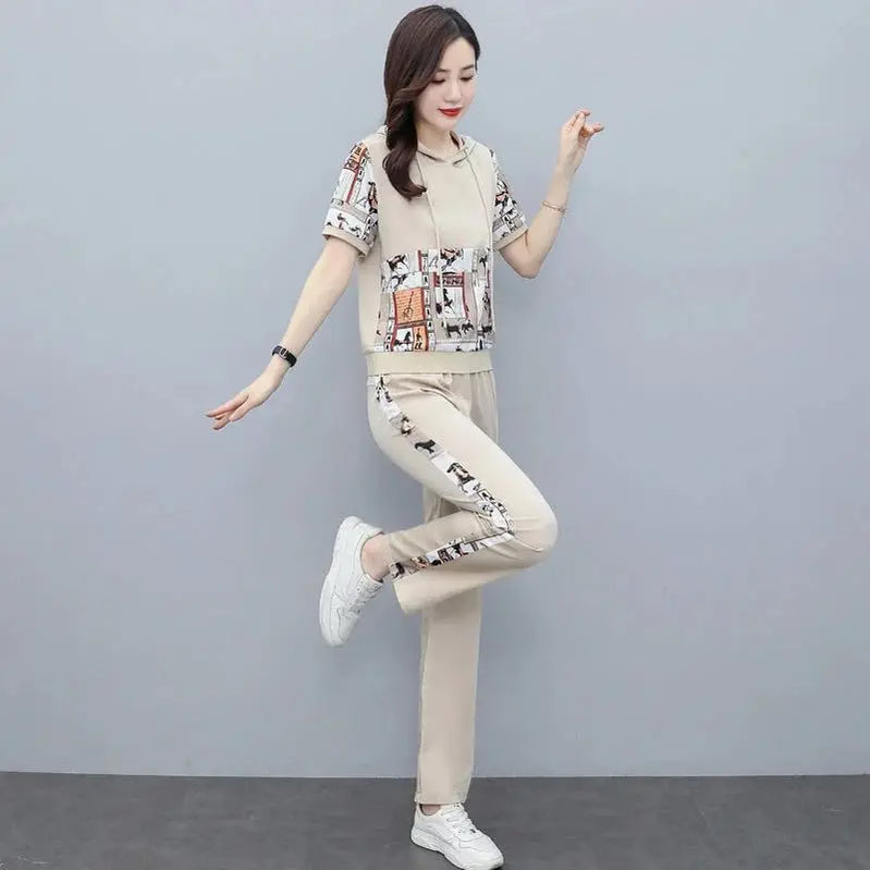 Women's Large Autumn New Casual Suit Loose Fashion Printed Hooded Short Sleeve Tops And Pants 2 Two Piece Set Plus Size Clothing