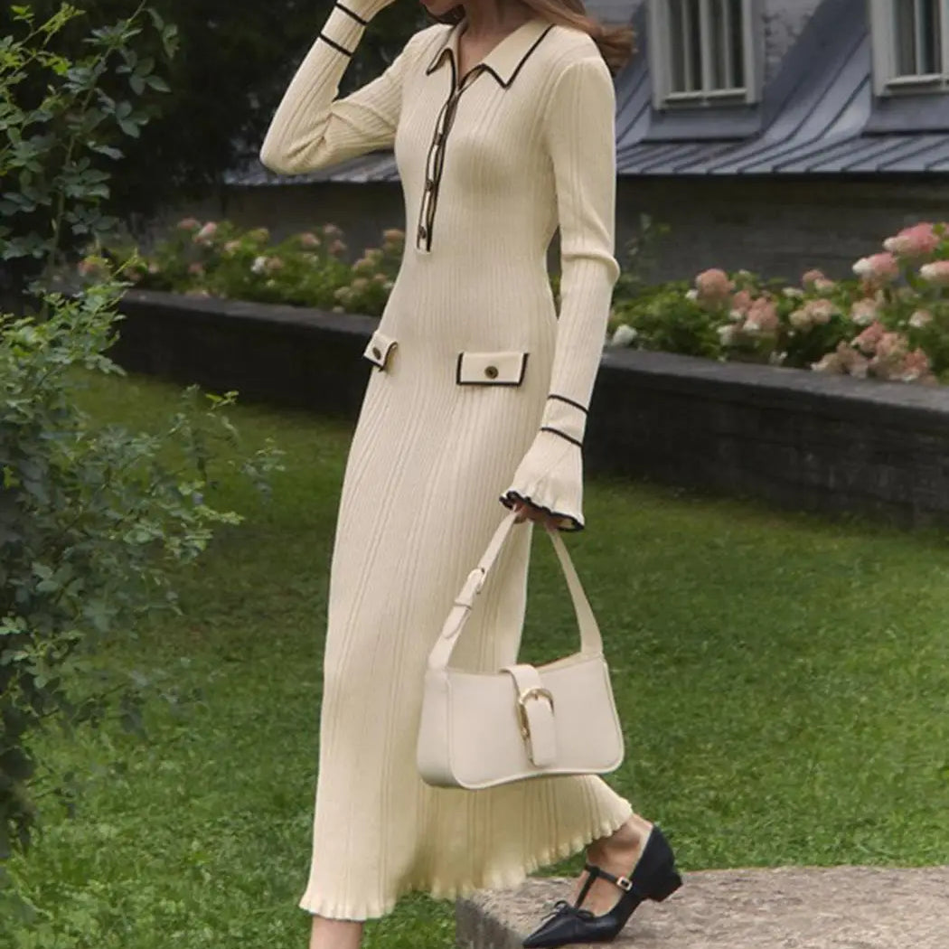 French Ruffle Knit Dress Fall Fashion Lapel Mental Button Luxury Women Dress Long Patchwork Lady Elegant Vestidos Robes New