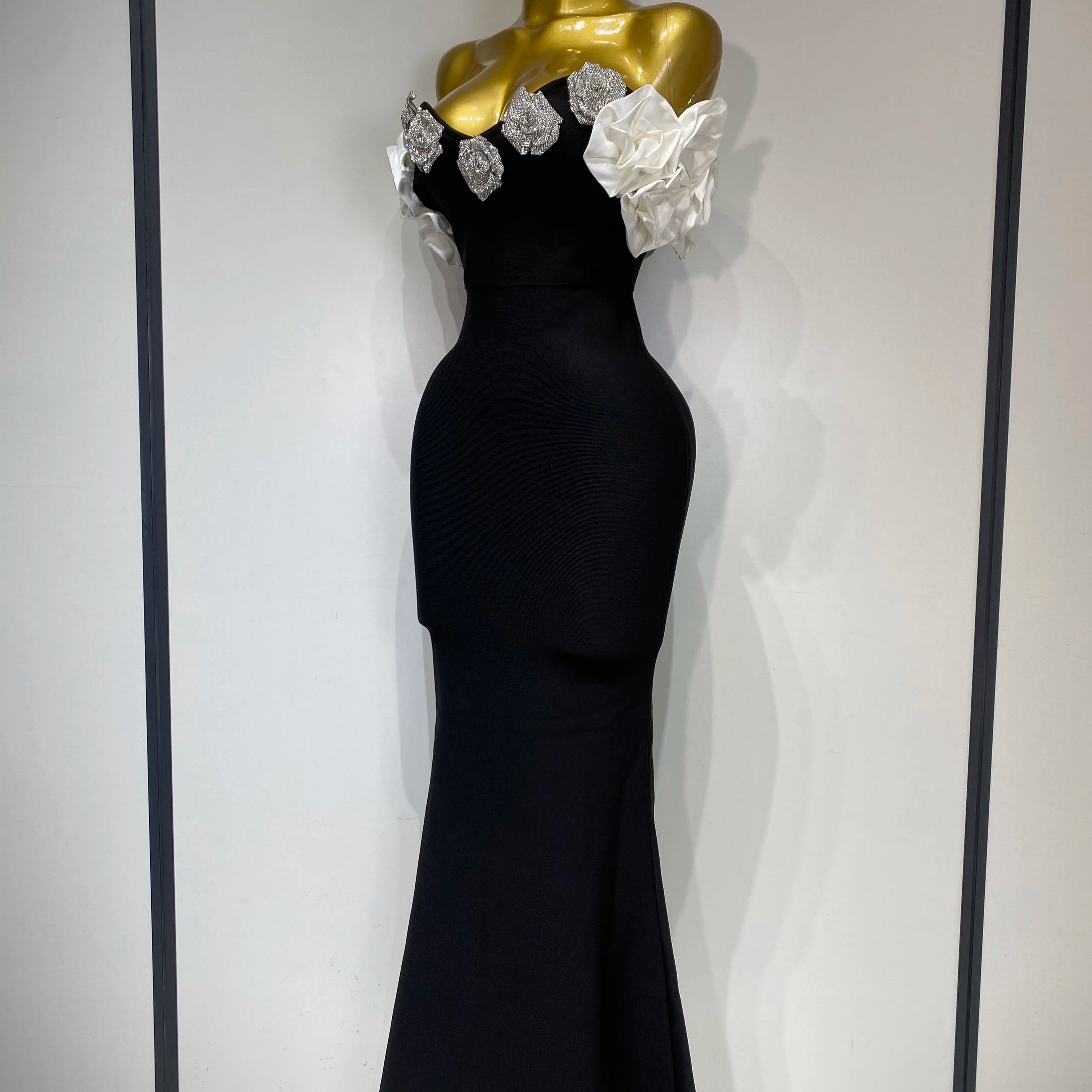 Women Luxury Rhinestone Celebrity Sexy Off Shoulder Flower Maxi Long Bodycon Bandage Dress Elegant Evening Club Party Outfit