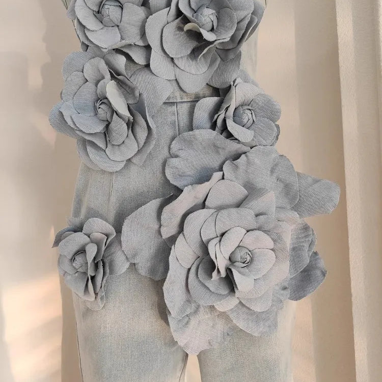 3D Appliques Flower Strapless Demin Jumpsuits For Women Off Shoulder Sleevelss Solid Color High Waist Full Length Overalls