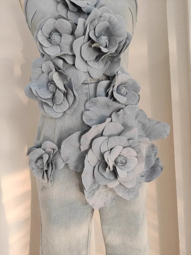 3D Appliques Flower Strapless Demin Jumpsuits For Women Off Shoulder Sleevelss Solid Color High Waist Full Length Overalls