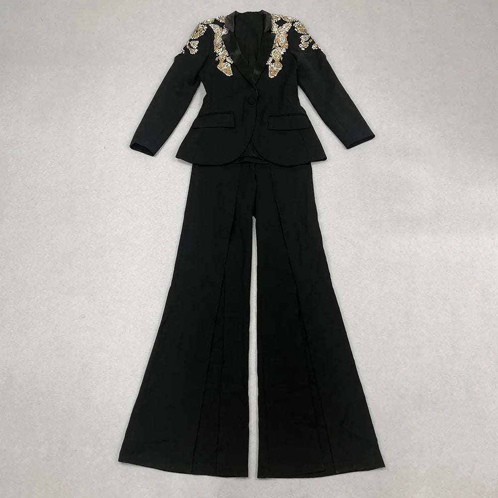 TWOTWINSTYLE Slimming Two Piece Sets for Women V Neck Long Sleeves Spliced Appliques Top High Waist Wide Leg Pant Set Female New