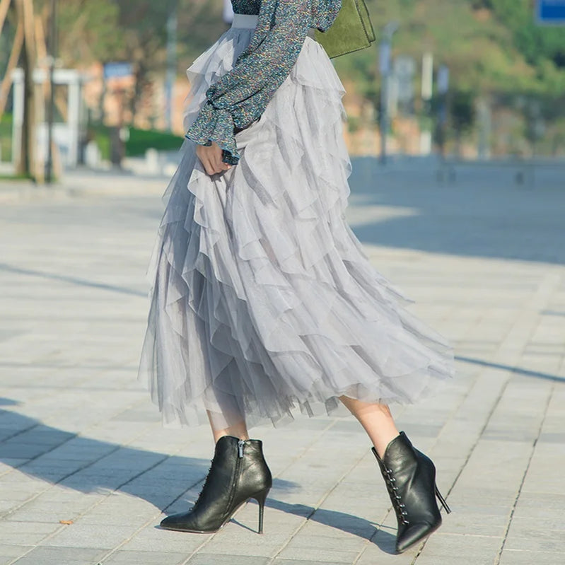 Long Maxi Skirt Women Fashion Korean Cute Pink High Waist Pleated Skirt Mesh Female Lady Aesthetic Faldas