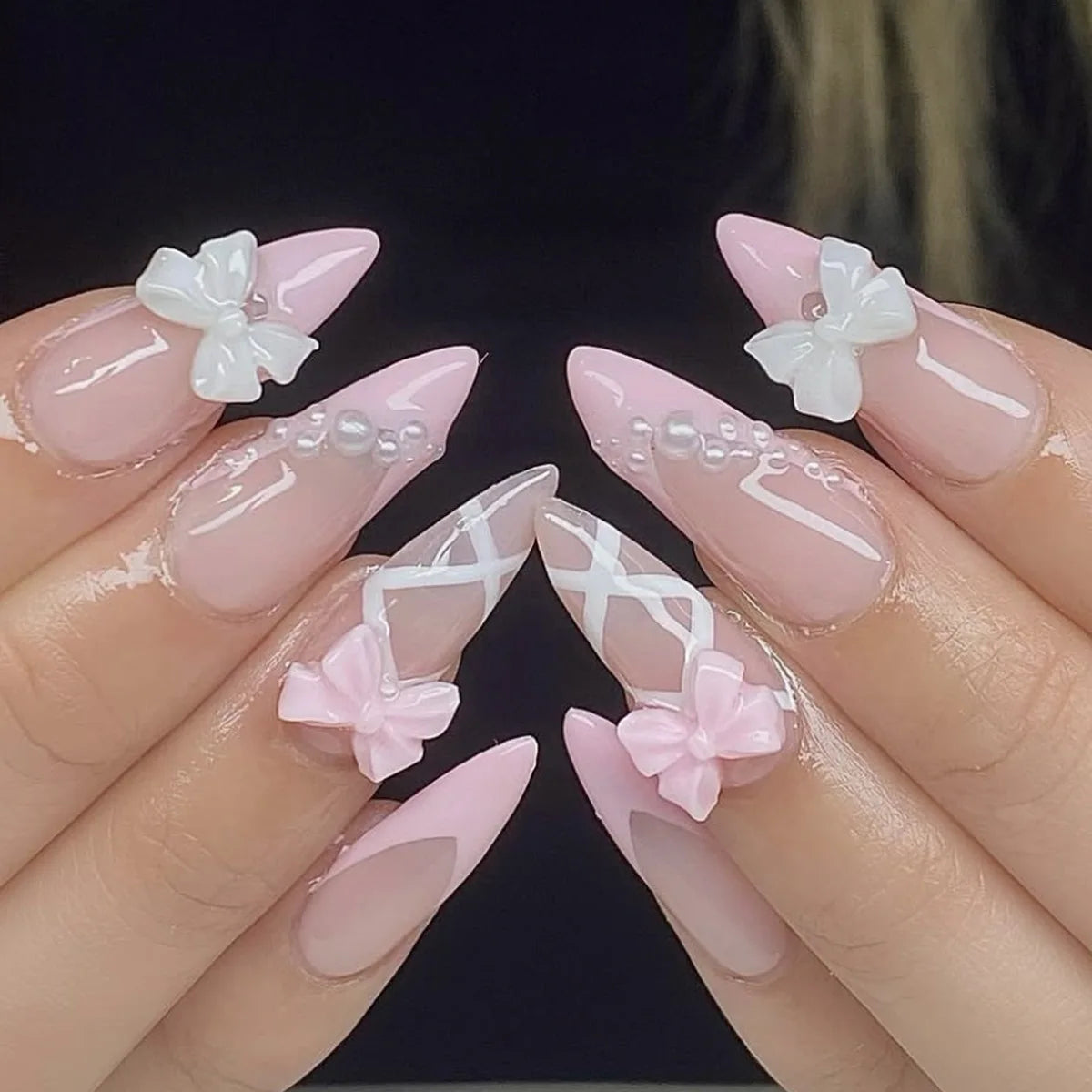 24pcs Long Stiletto Almond Fake Nails Art Wearable Pink Bow Design False Nail with Pearl Design French Press on Nails Finished