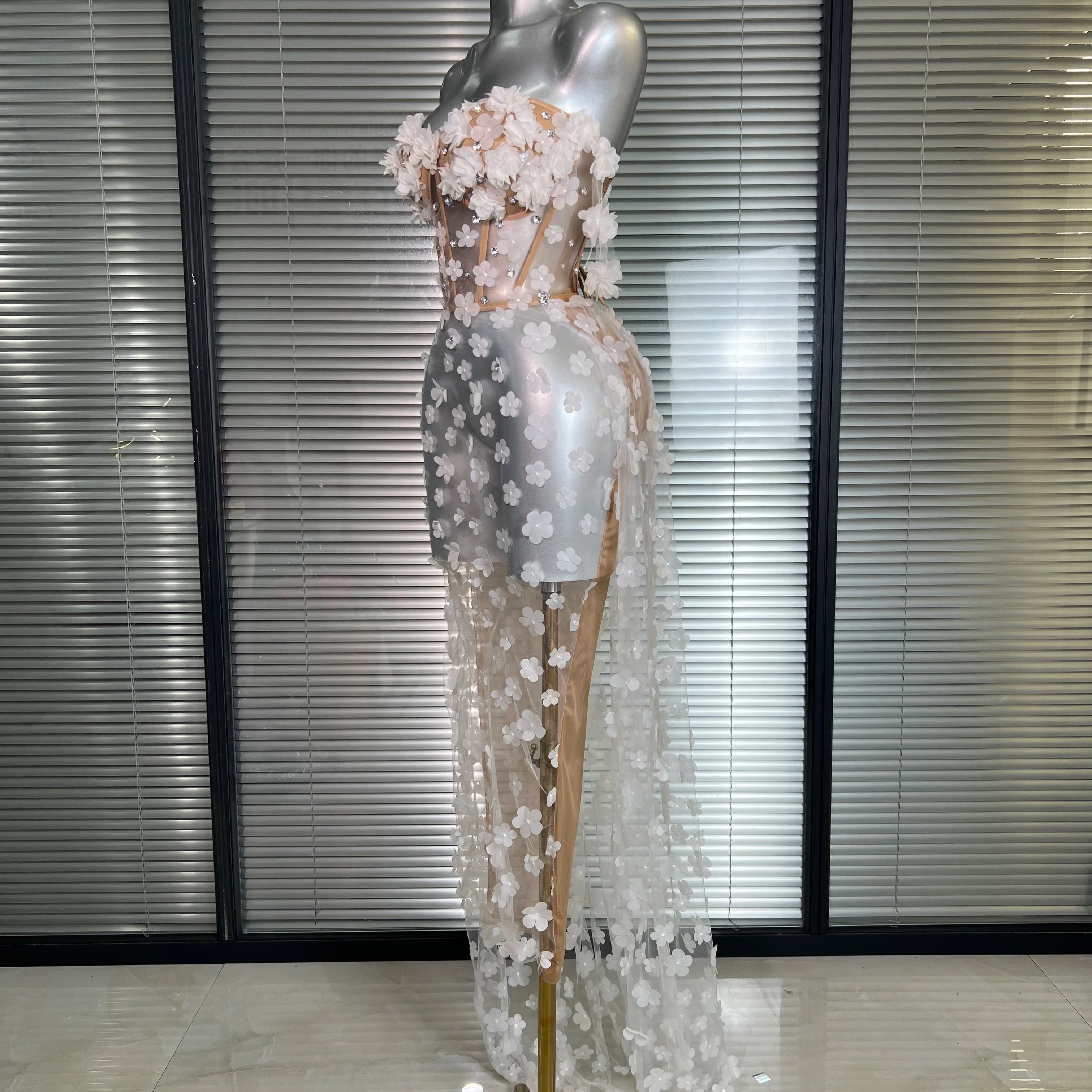 NEW Women Sexy Mesh Crystal Diamonds Maxi Dress See Through Party Singer Wedding Maxi Dress Stage Performance Costume