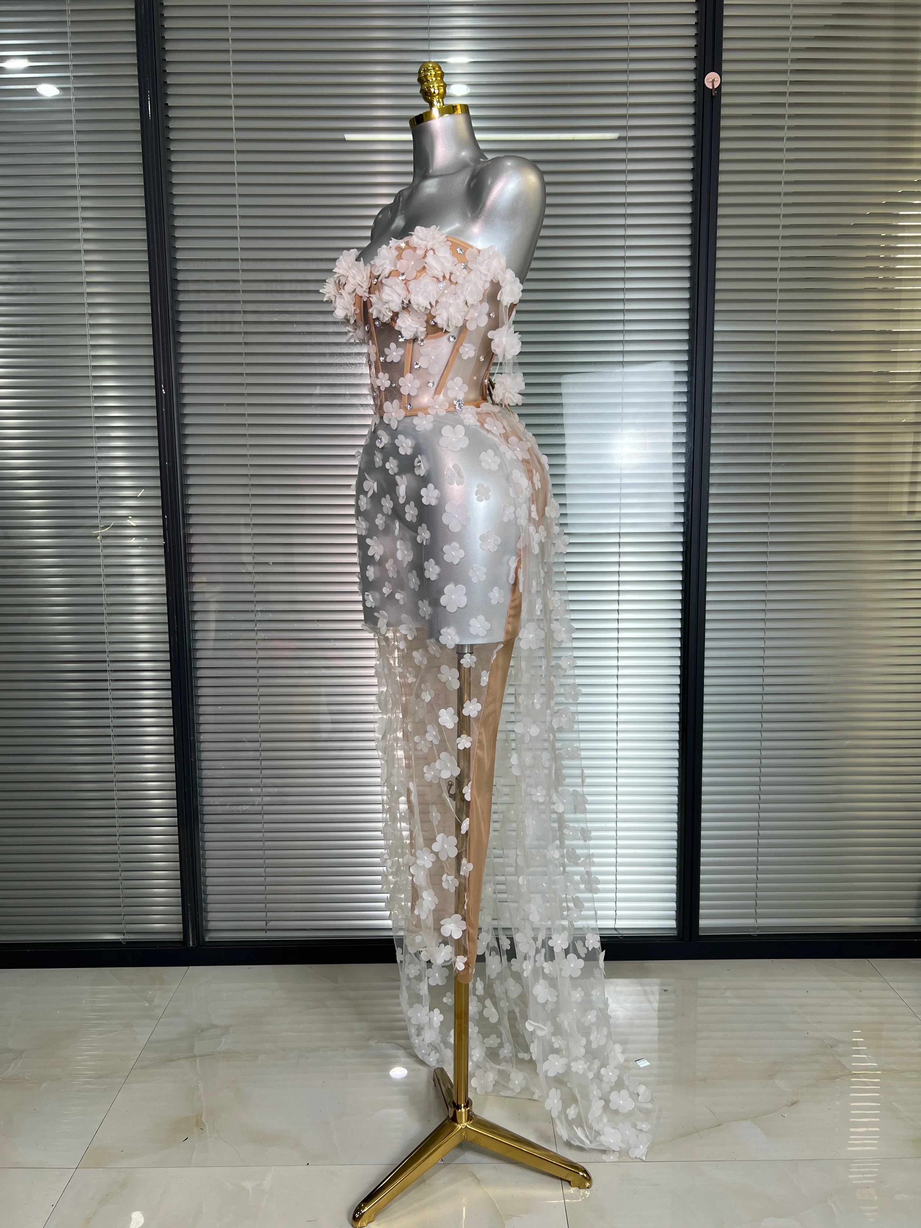 NEW Women Sexy Mesh Crystal Diamonds Maxi Dress See Through Party Singer Wedding Maxi Dress Stage Performance Costume