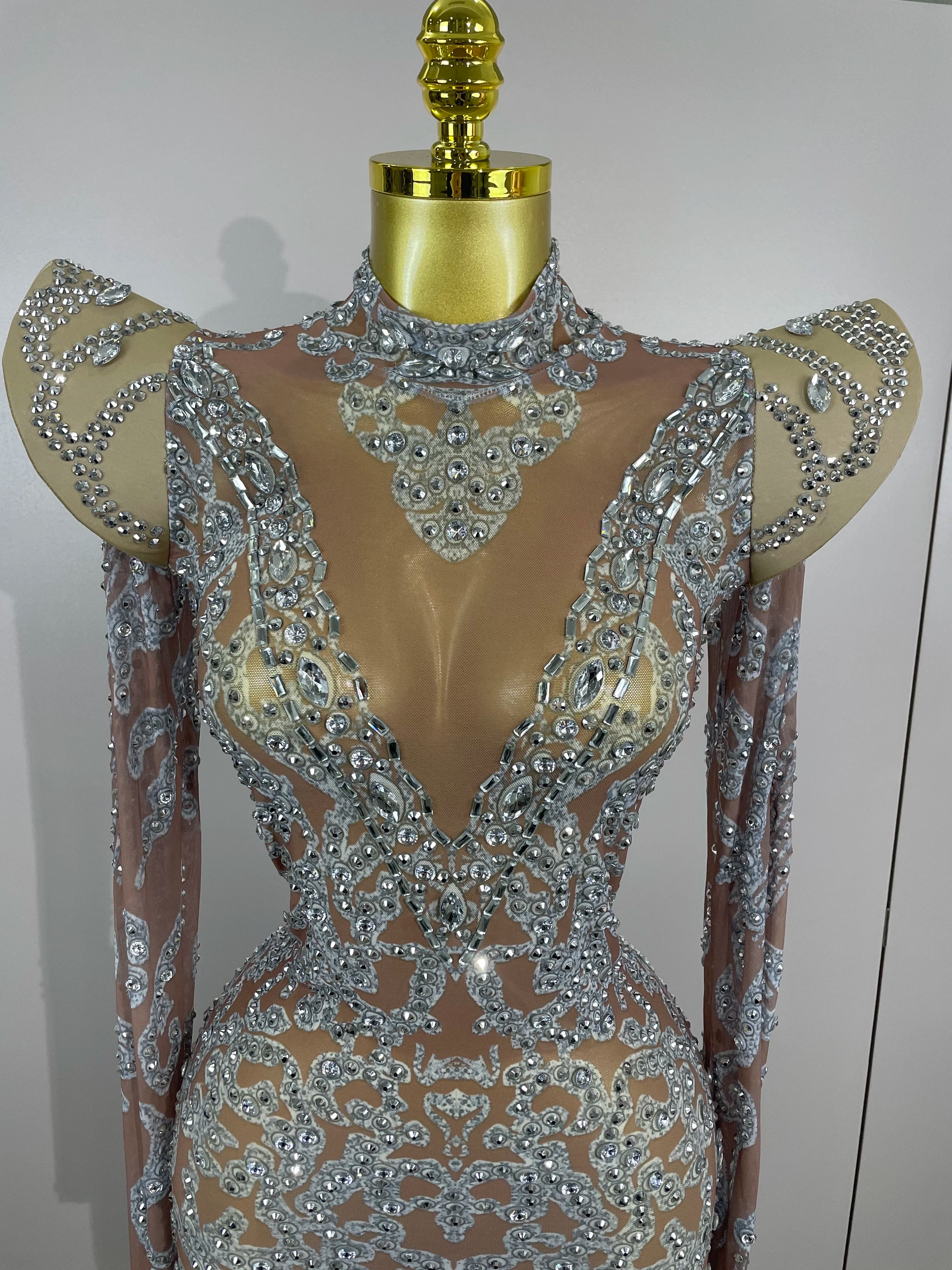 Sexy Singer Stage Drag Queen Costume 2025 Women Shiny Rhinestones Transparent Short Dress Birthday Celebrate Photoshoot Dress