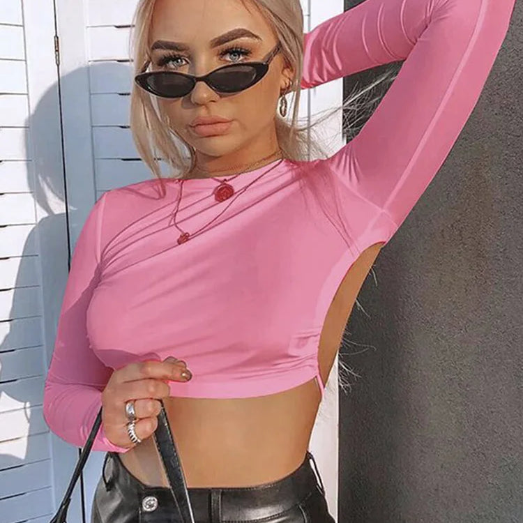 Women Sexy Harajuku Open Back T-shirt Long Sleeve Top Cropped Tops Women T-shirt Summer Casual Tops White Fashion T-shirt 2022 Pink