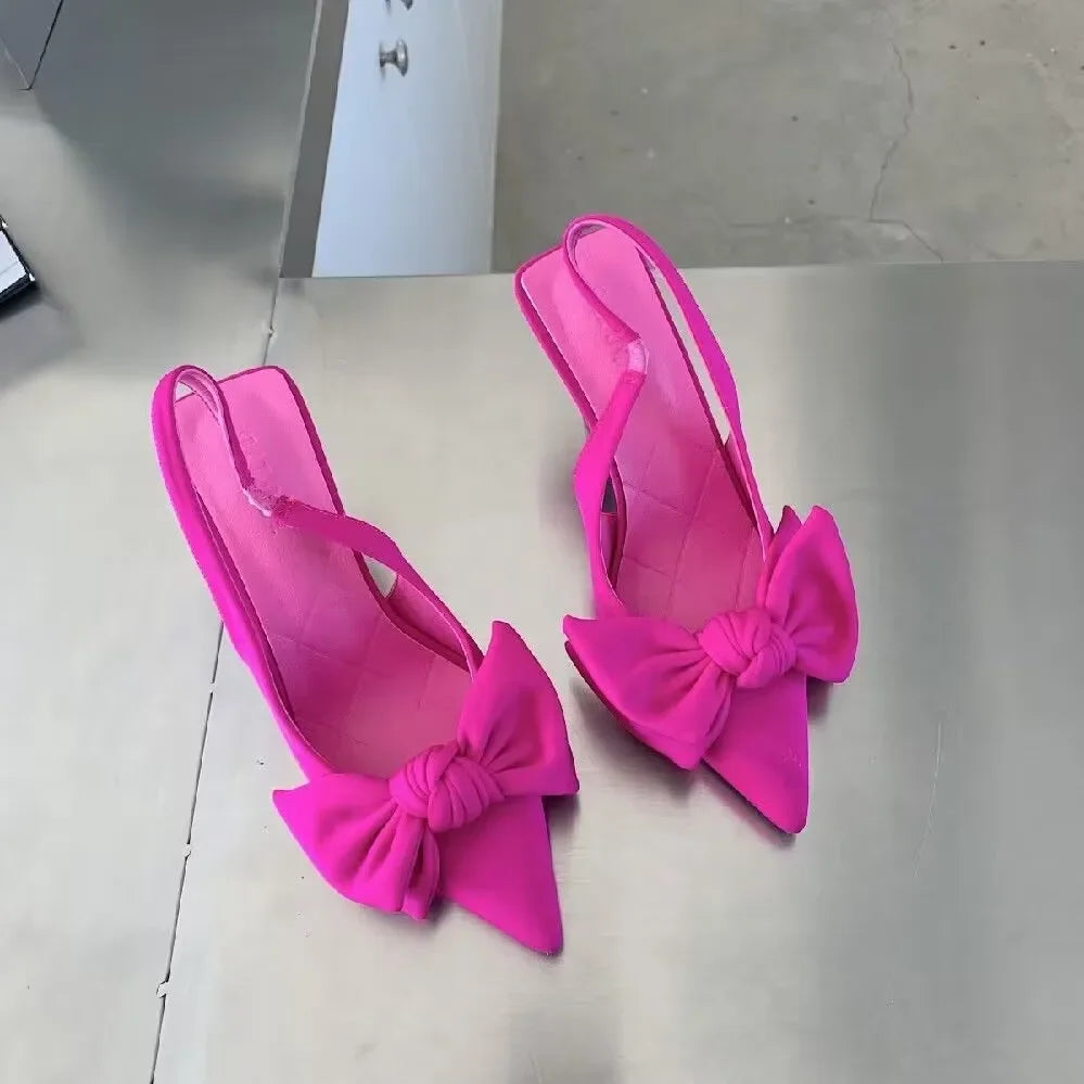 Women Shoes Spring Butterfly Knot Women Slingbacks Heels Shoes Sexy Dress Thin Heel Pointed Toe Ladies High Heels Women Rosy Red