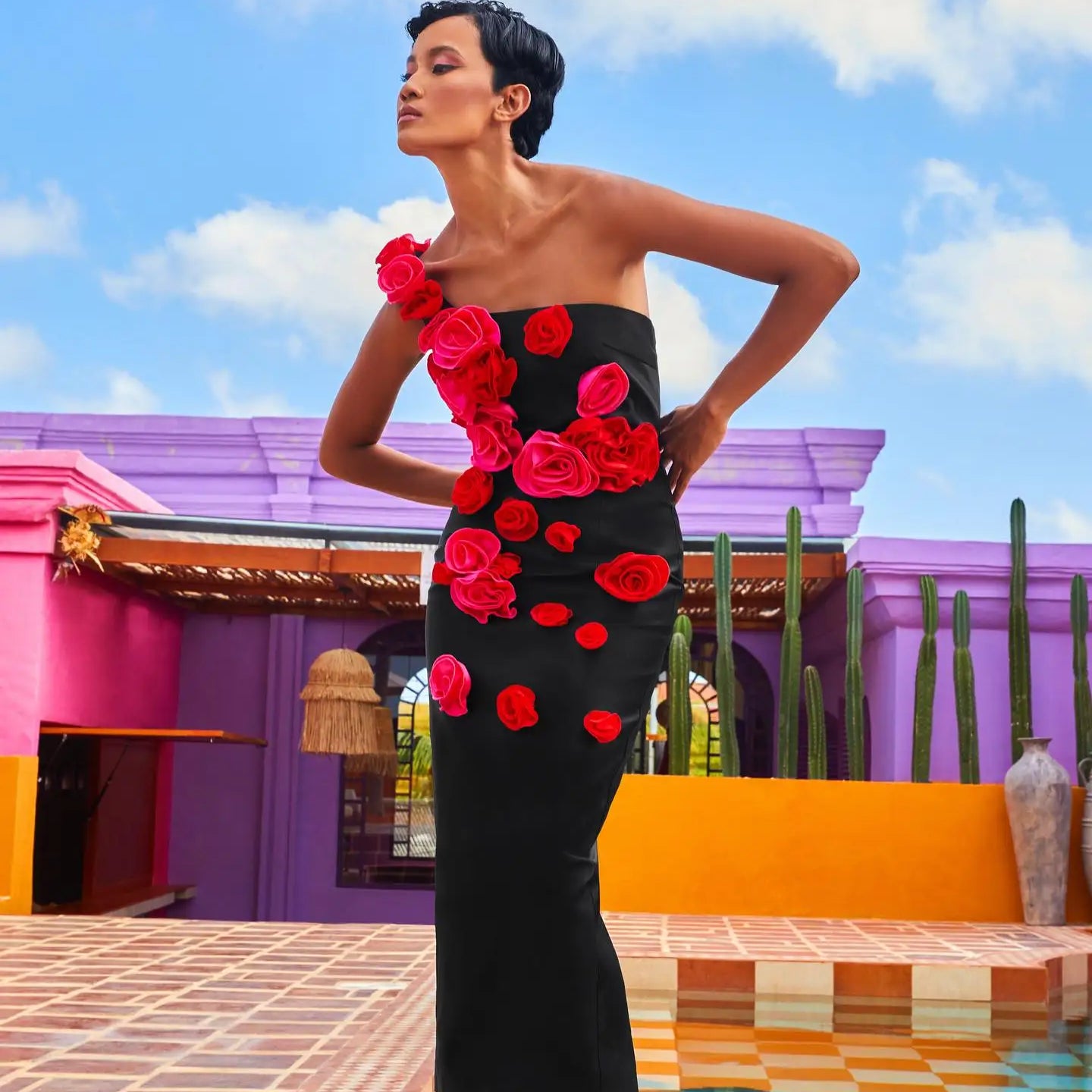 High Quality Red Flowers Strapless Black Bandage Ankle Length Dress Elegant Woman Evening Party Dress Cocktail Party Vestido