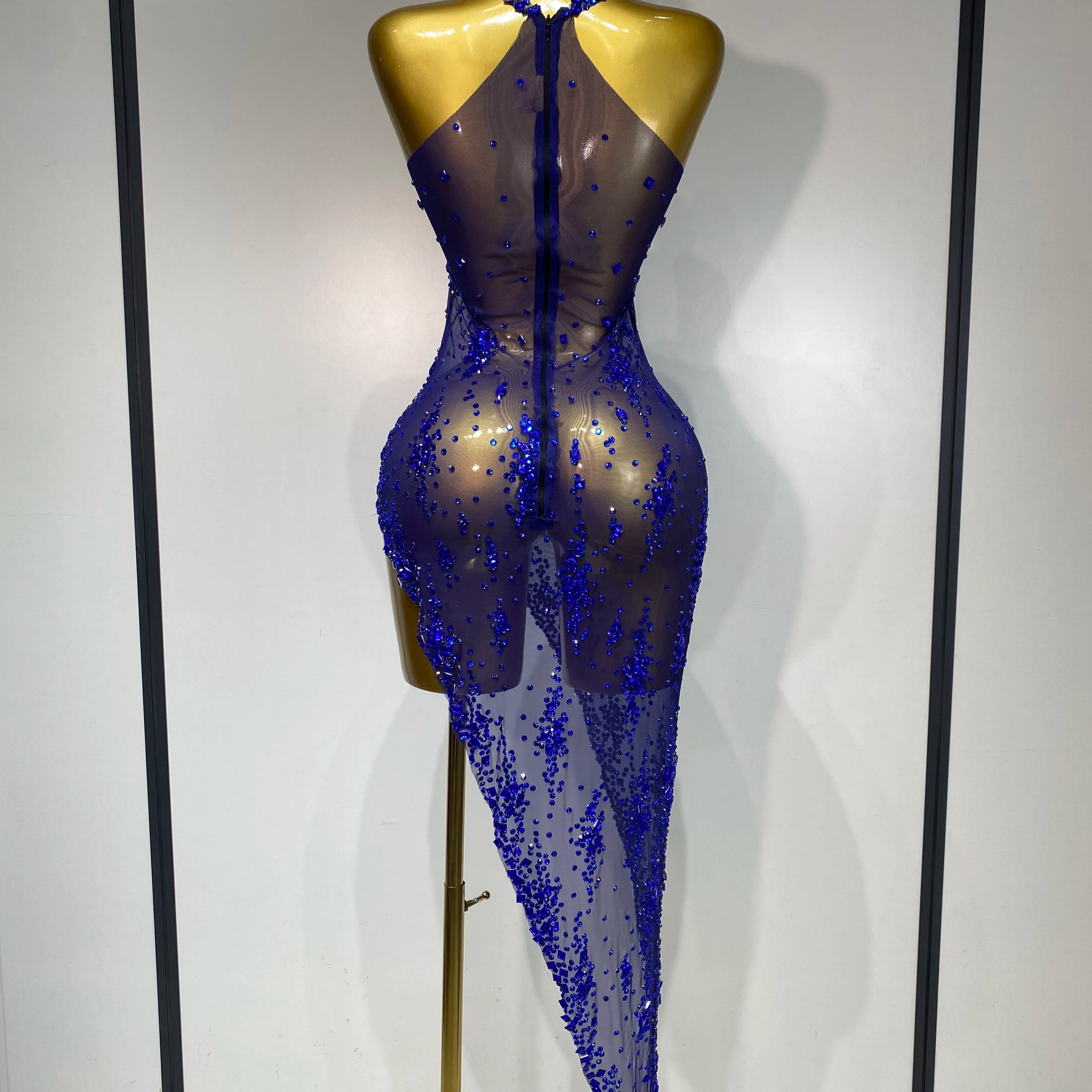 Women Sexy Luxury Birthday Prom Gowns Sparkly Diamond See Through Mesh Stretch Asymmetrical Dress Celebrity Elegant Stage Outfit